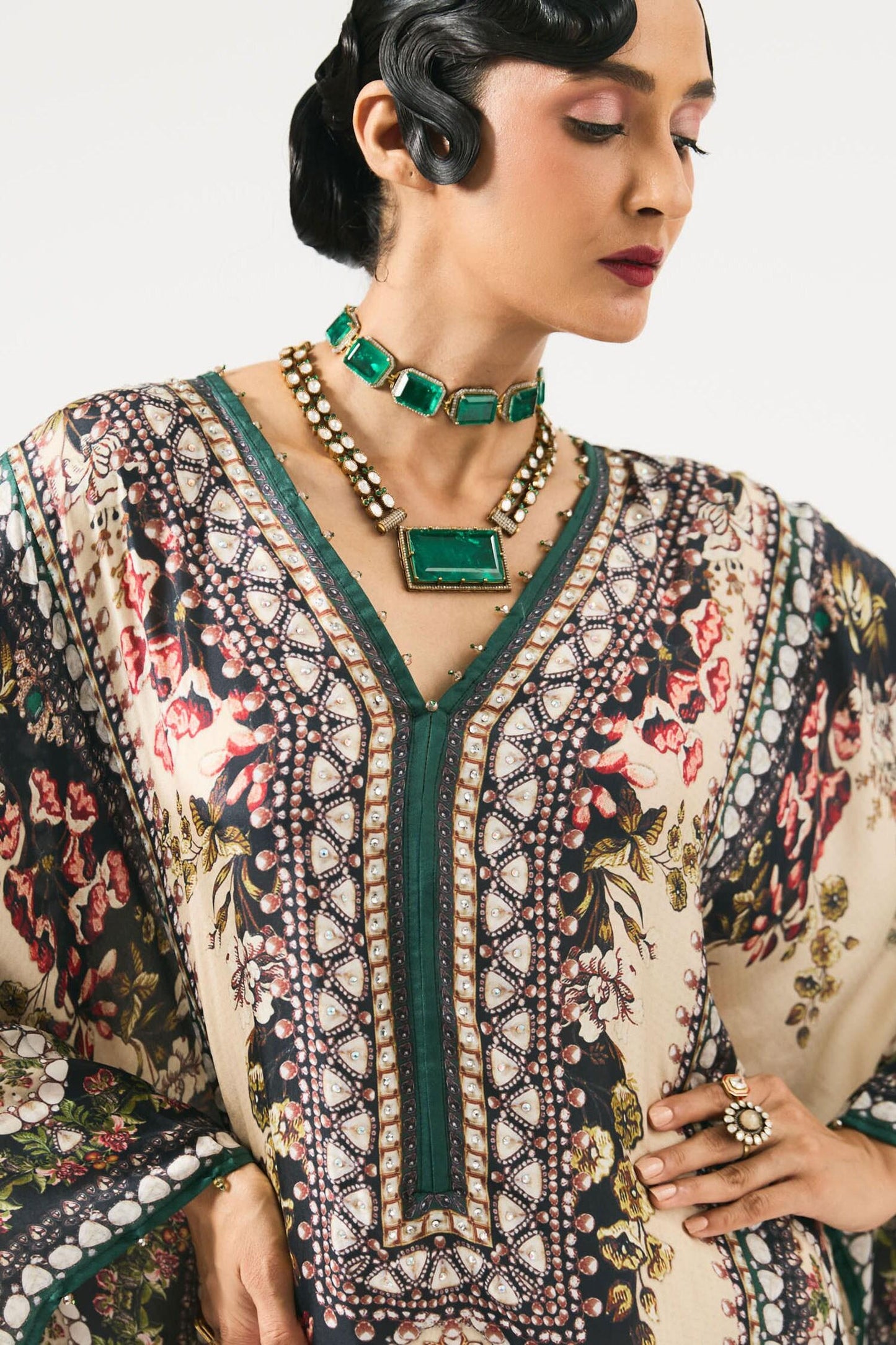 Beige Silk Embroidery V-neck Beatrice Floral Print Kaftan - Designer Kurta Set