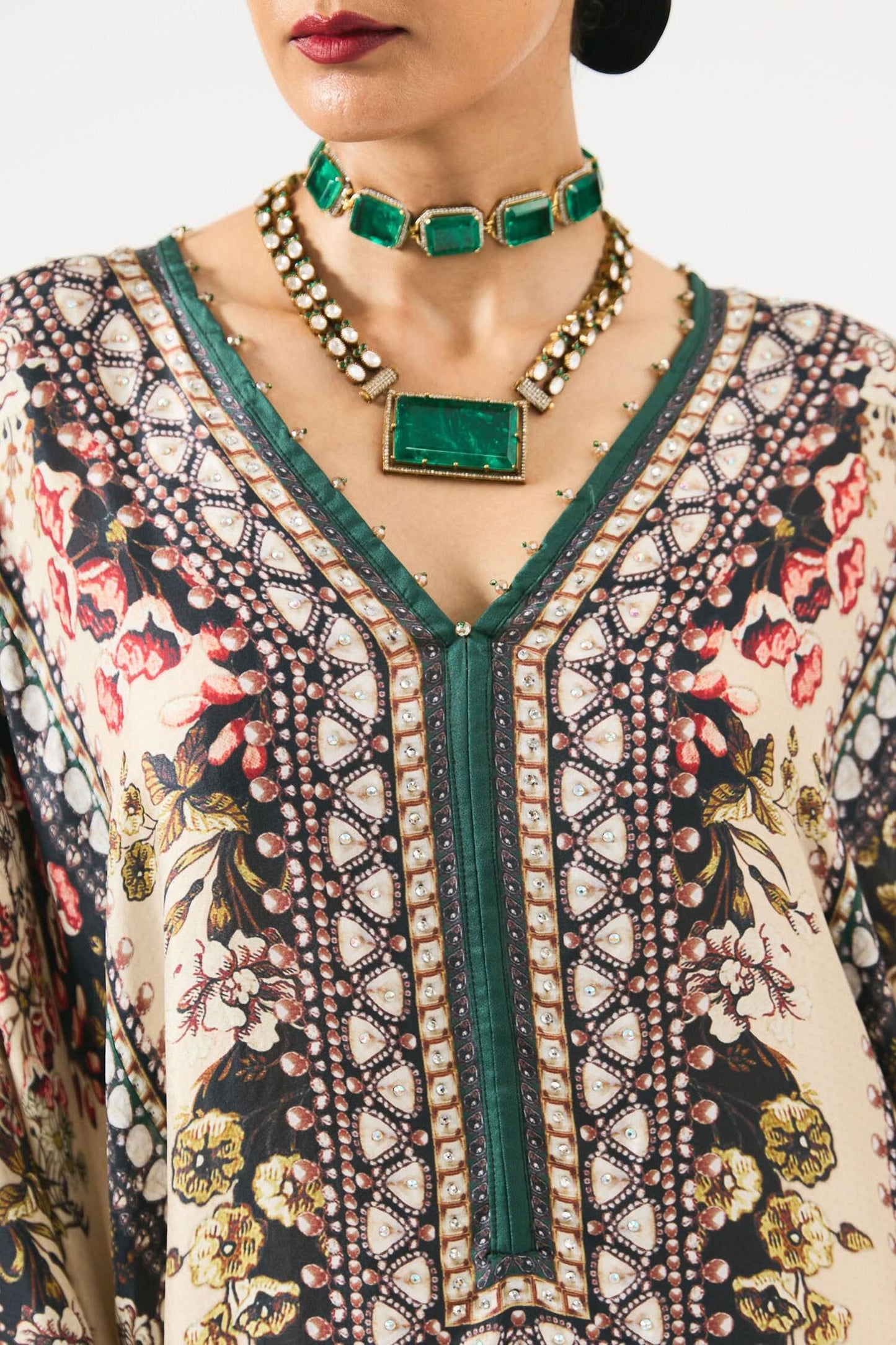Beige Silk Embroidery V-neck Beatrice Floral Print Kaftan - Designer Kurta Set