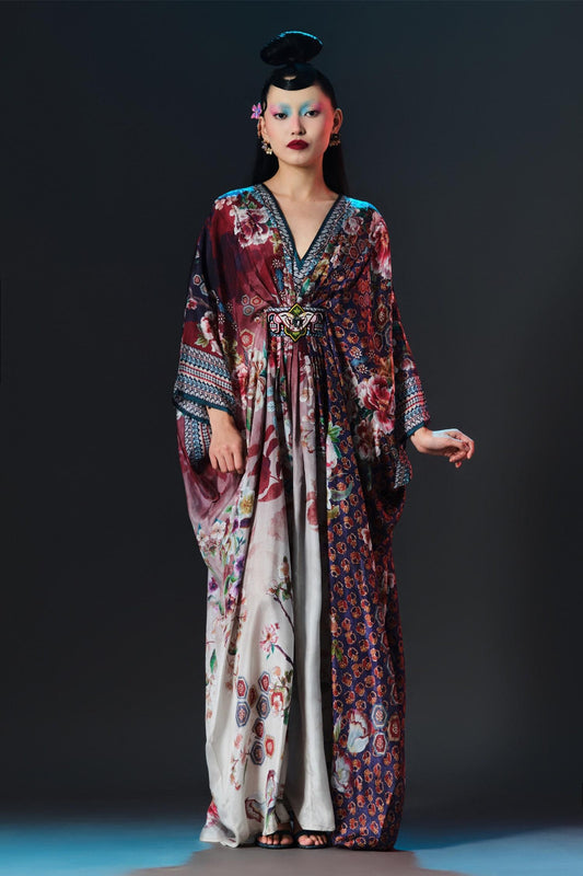 Beige Silk Embroidery V-neck Imama V Printed Designer - Designer Kurta Set