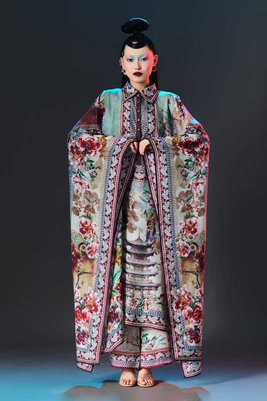 Beige Silk Mandarin Collar Sharifa Floral Print - Designer Kurta Set