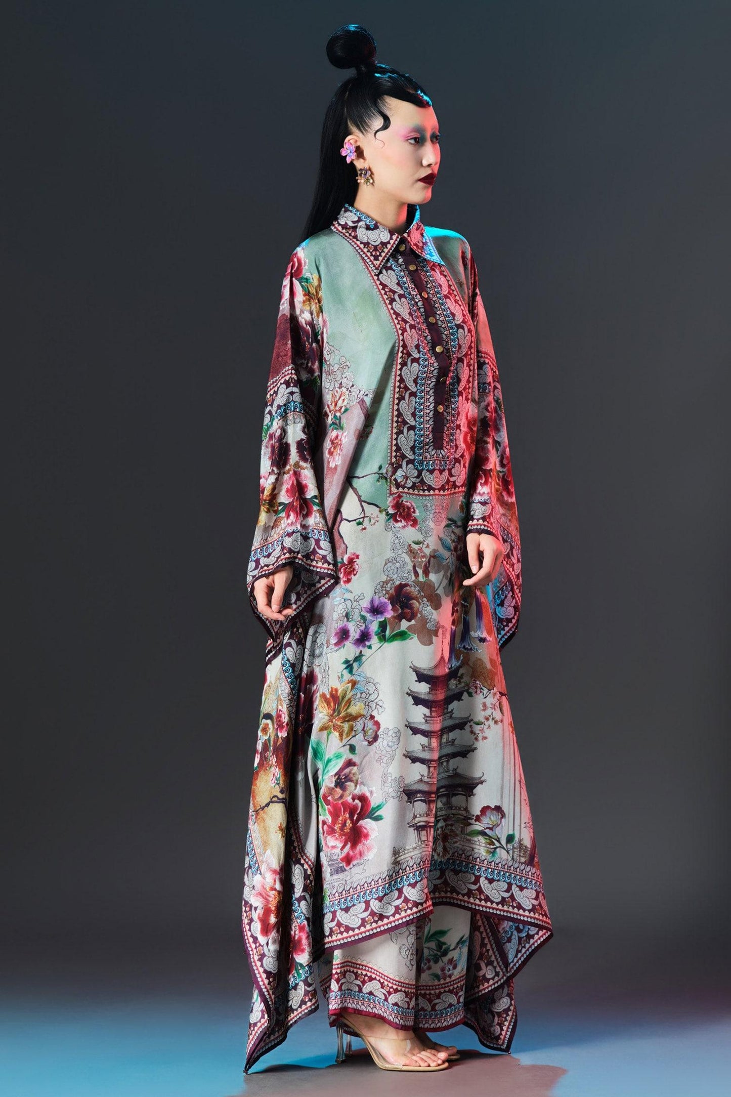 Beige Silk Mandarin Collar Sharifa Floral Print - Designer Kurta Set
