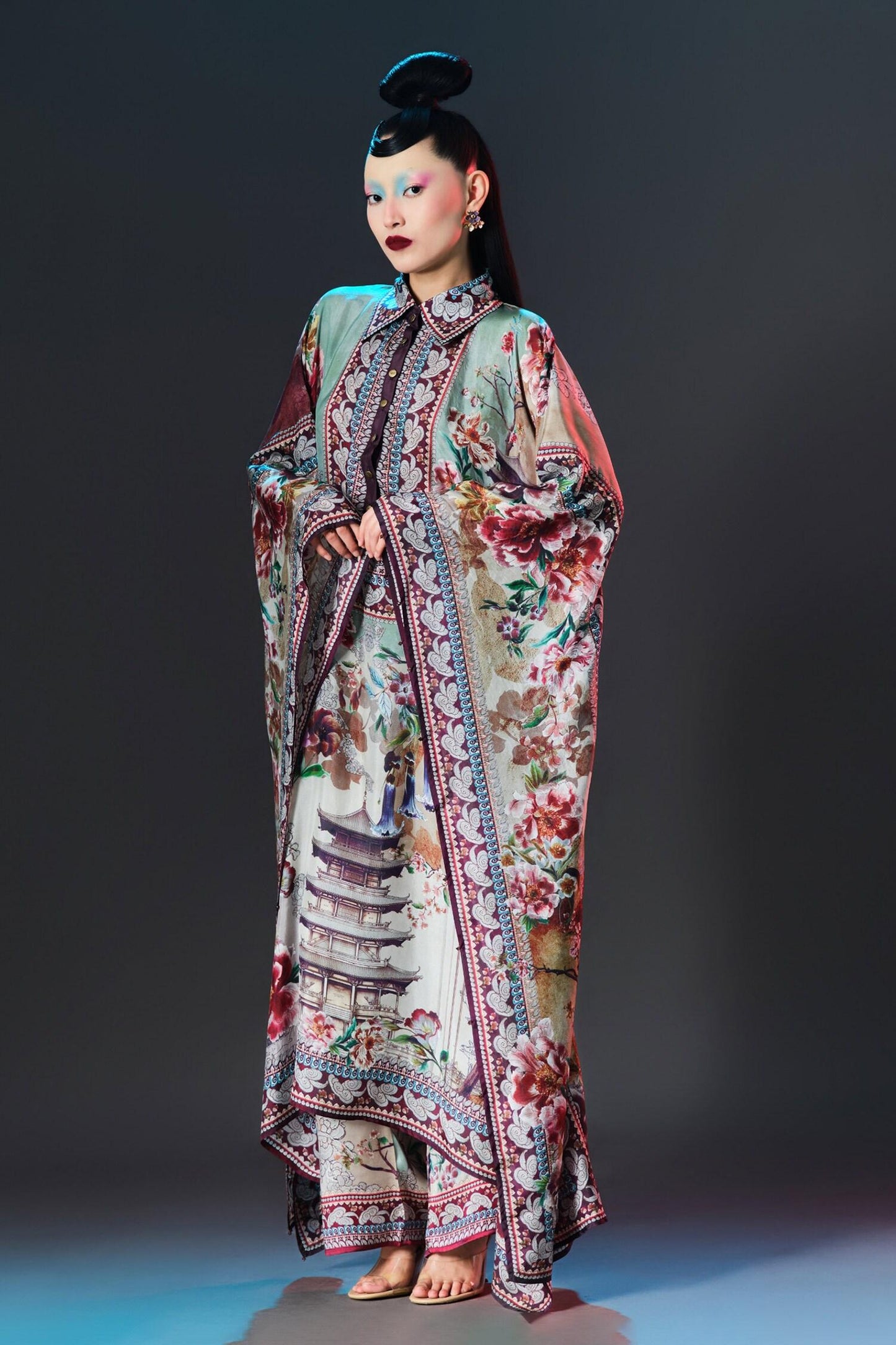 Beige Silk Mandarin Collar Sharifa Floral Print - Designer Kurta Set