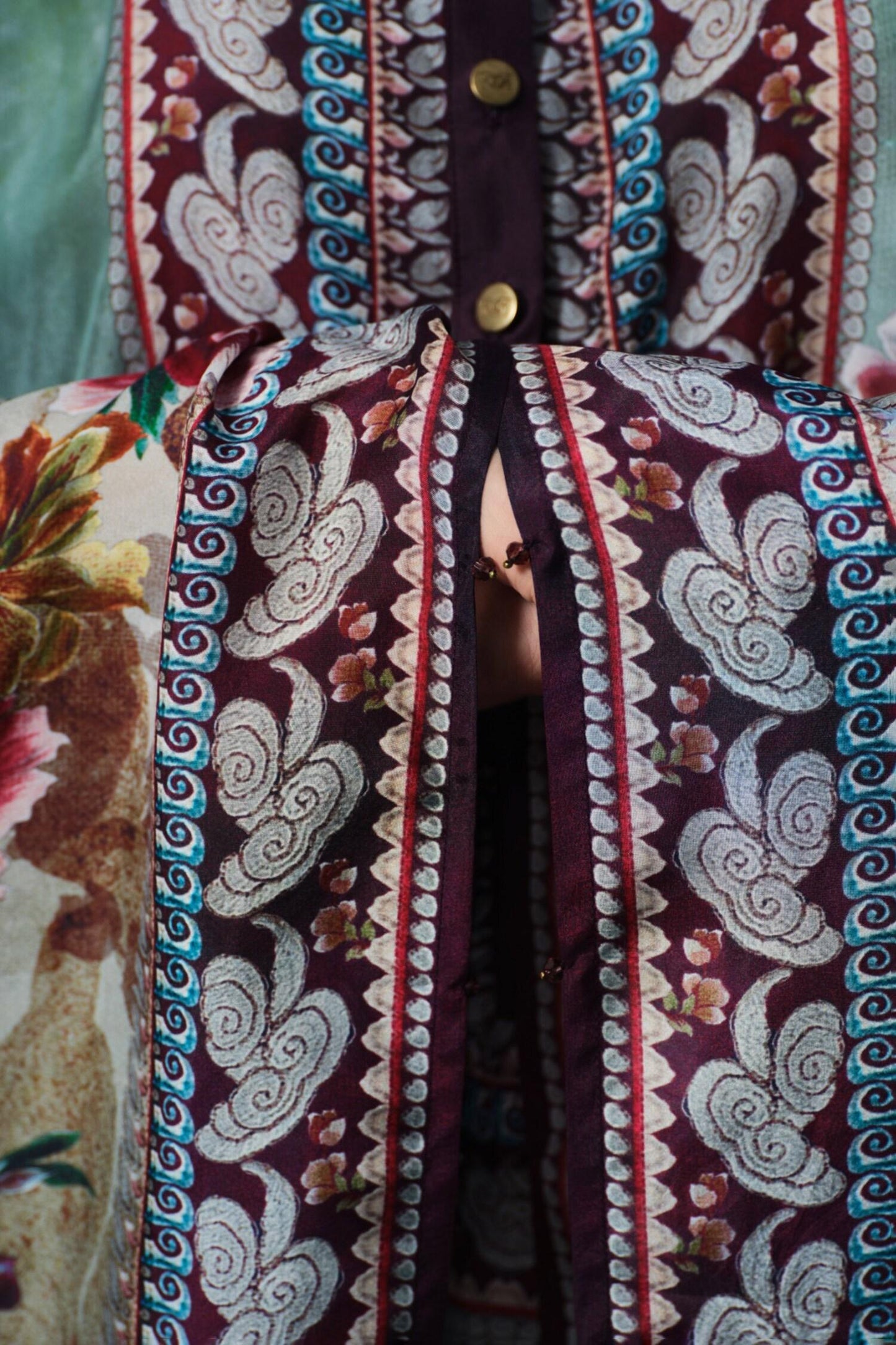 Beige Silk Mandarin Collar Sharifa Floral Print - Designer Kurta Set