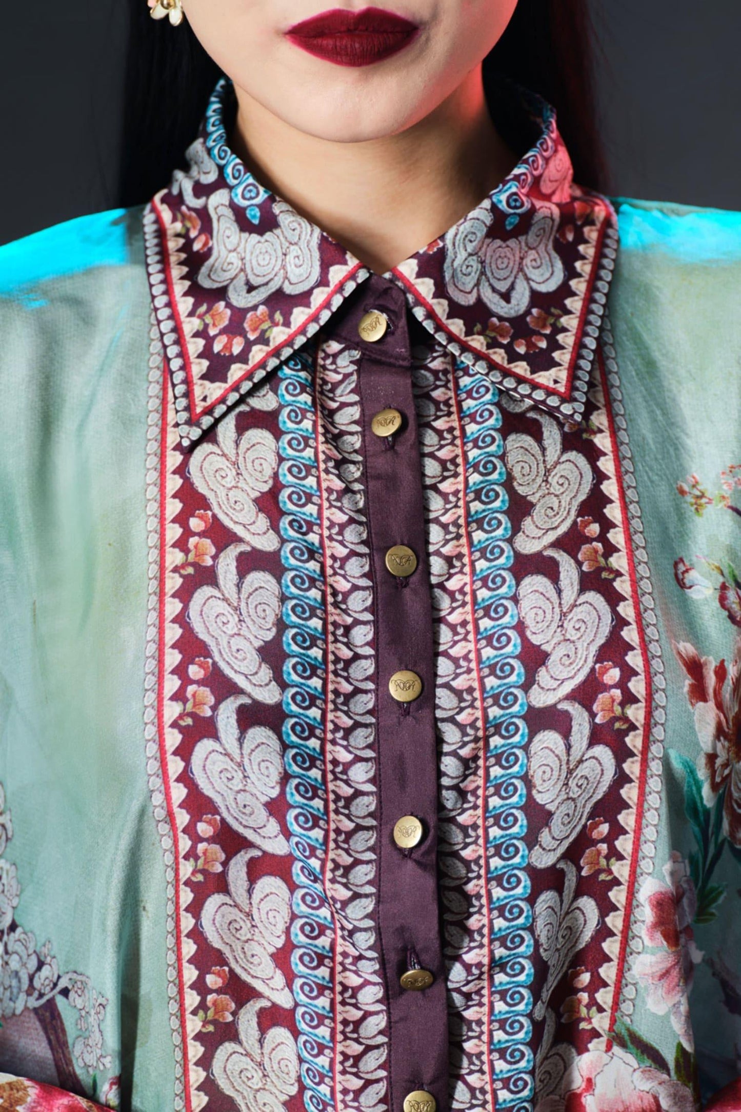 Beige Silk Mandarin Collar Sharifa Floral Print - Designer Kurta Set