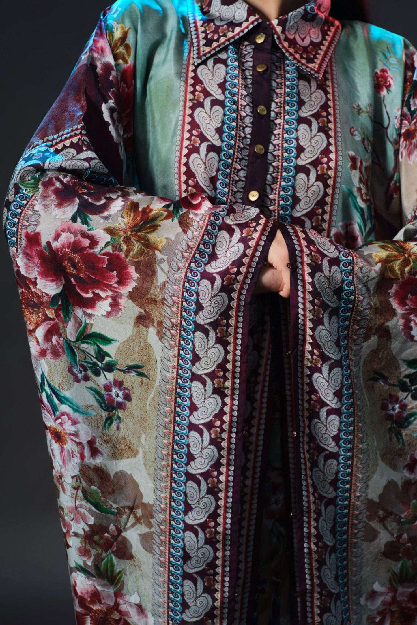 Beige Silk Mandarin Collar Sharifa Floral Print - Designer Kurta Set