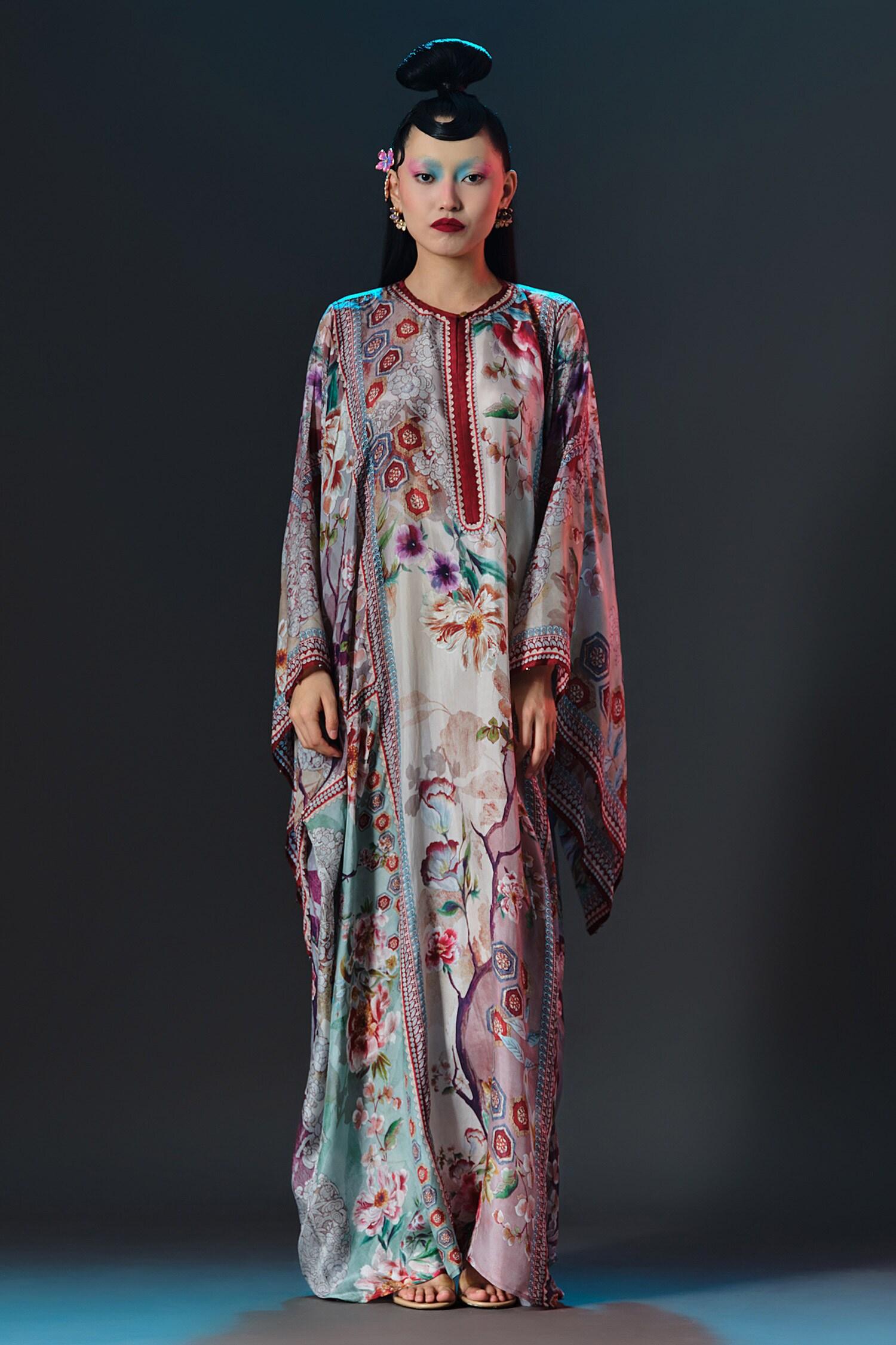 Beige Silk Round Neck Beatrice Printed Boxy - Designer Kurta Set