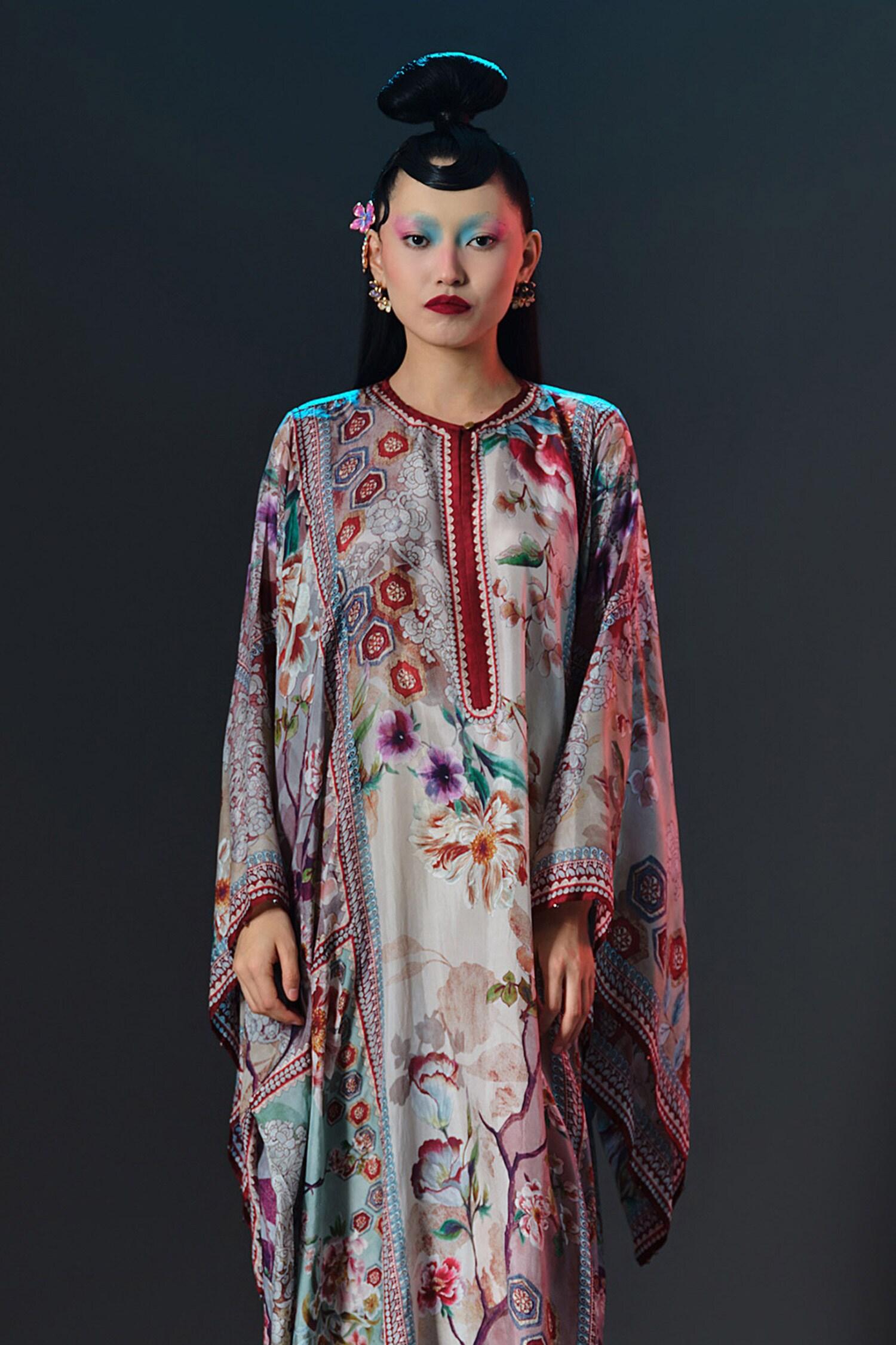 Beige Silk Round Neck Beatrice Printed Boxy - Designer Kurta Set