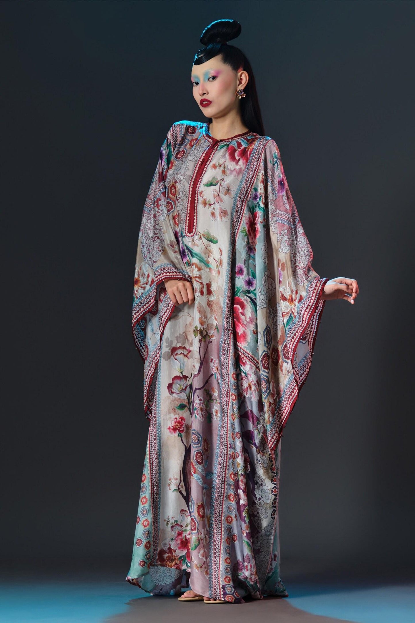Beige Silk Round Neck Beatrice Printed Boxy - Designer Kurta Set