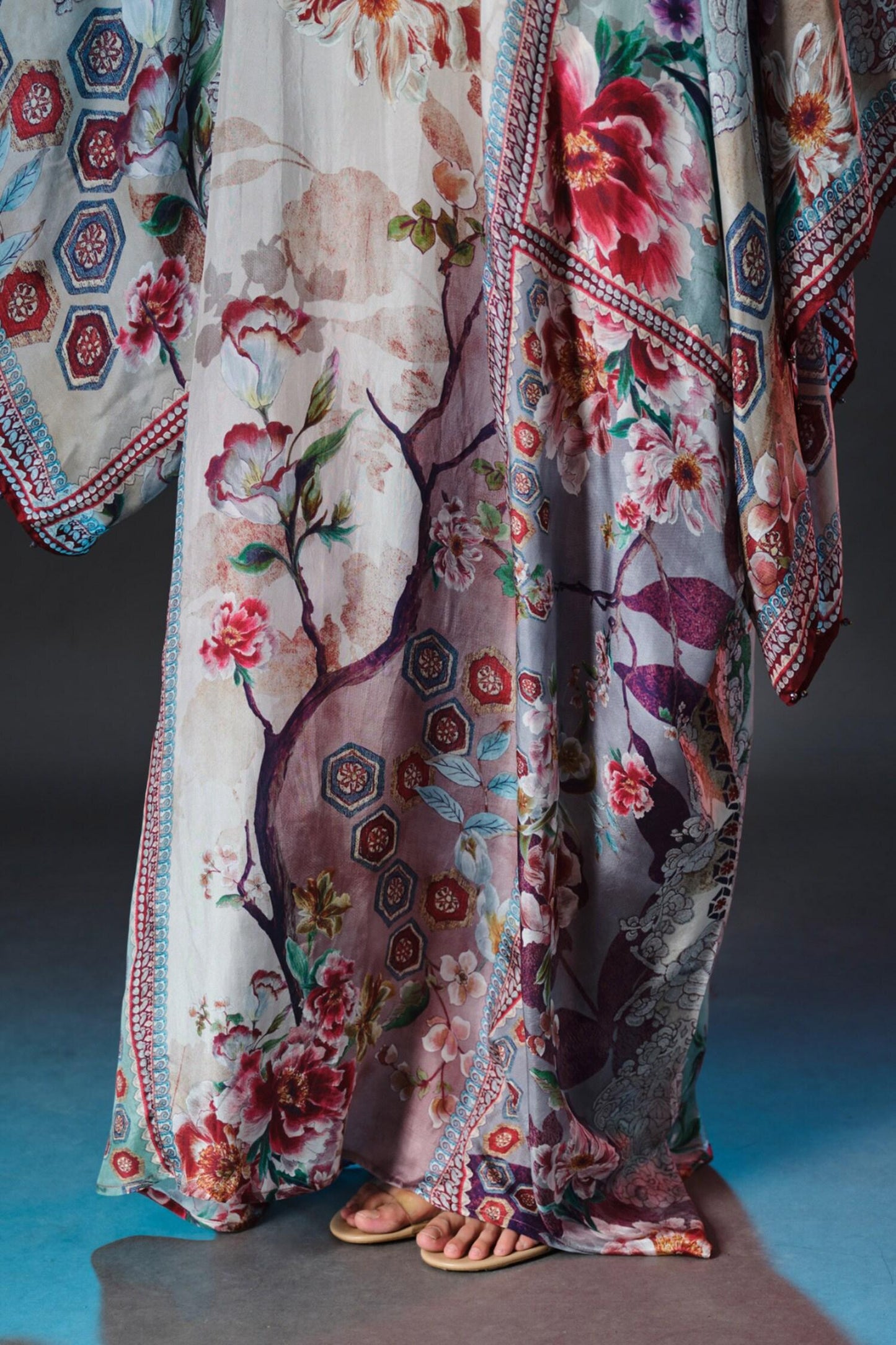 Beige Silk Round Neck Beatrice Printed Boxy - Designer Kurta Set