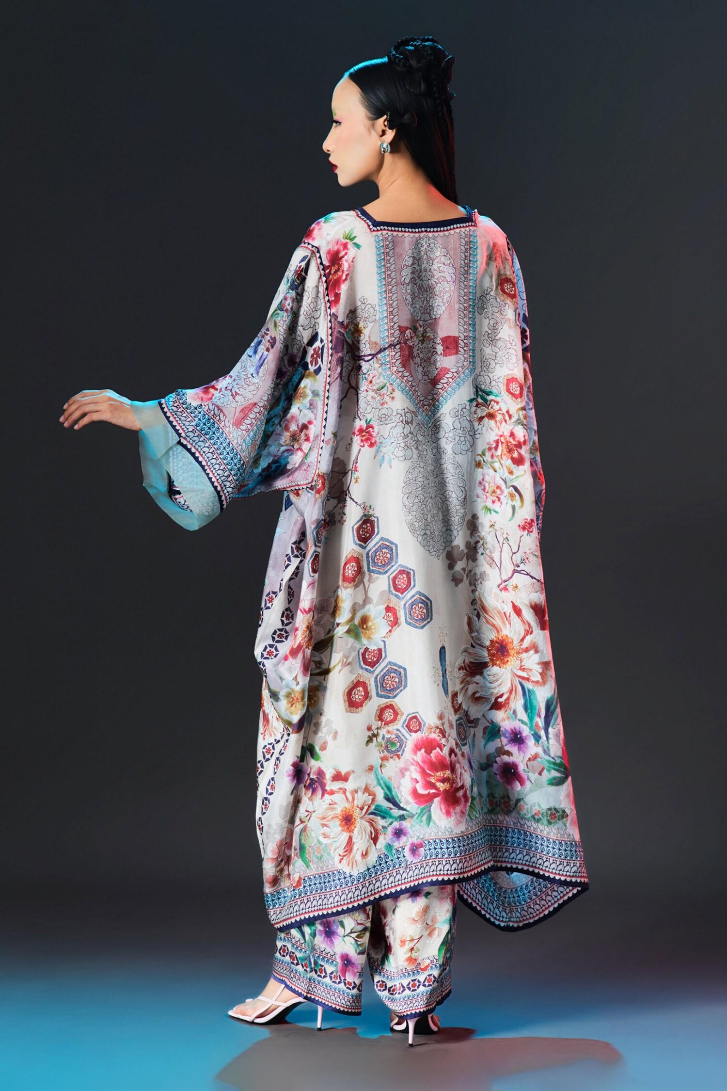 Beige Silk V-neck Olivia Floral Print - Designer Kurta Set