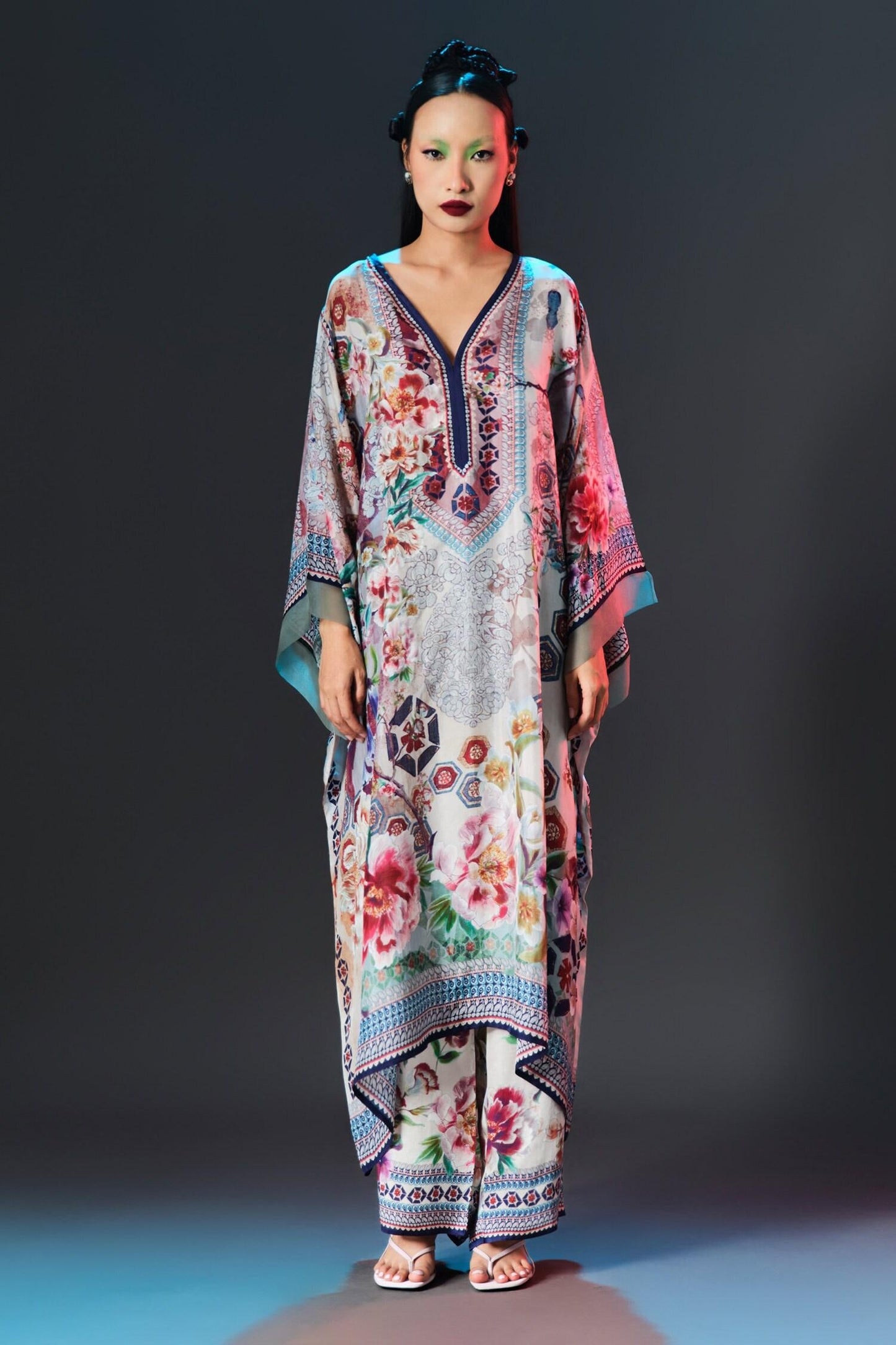 Beige Silk V-neck Olivia Floral Print - Designer Kurta Set