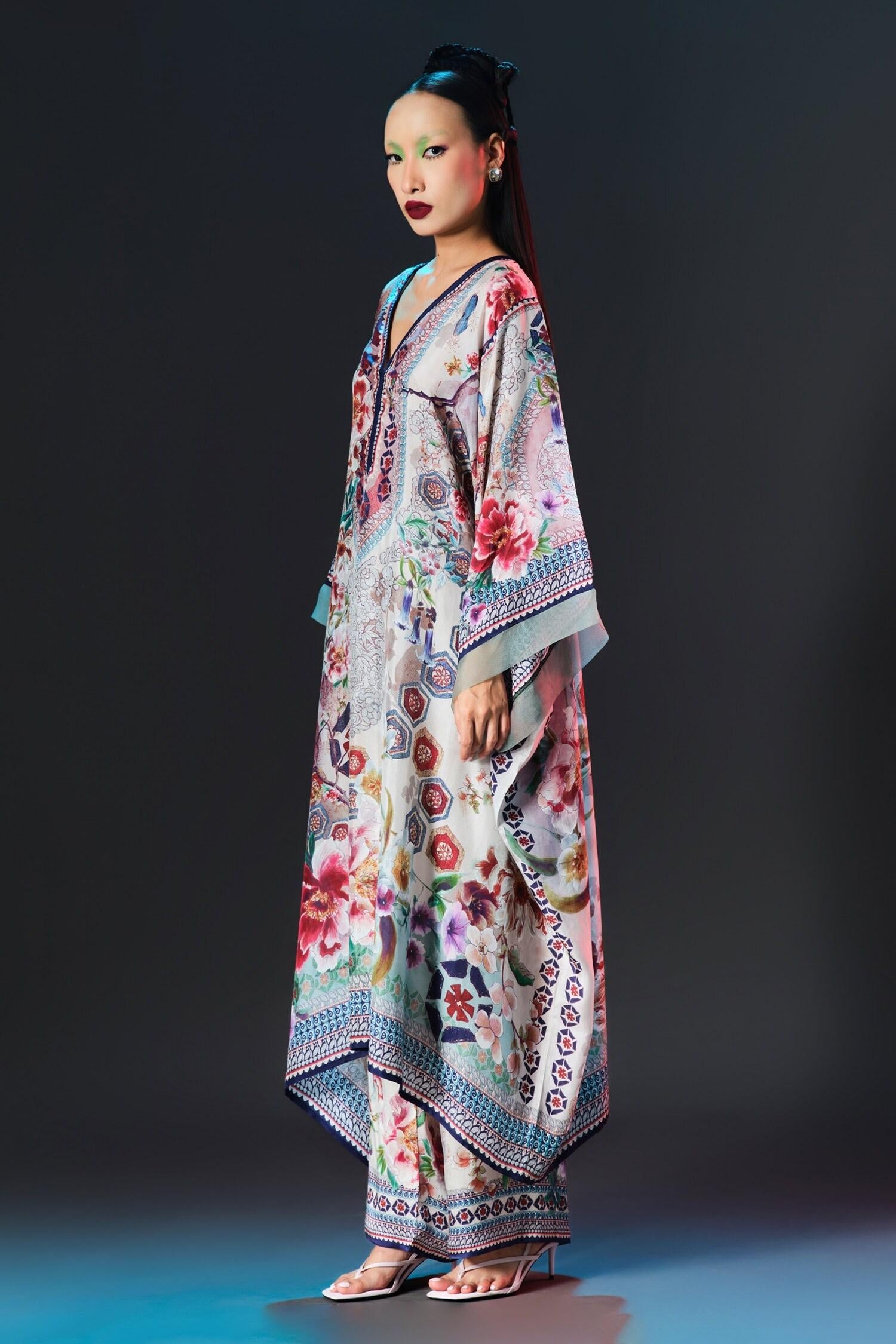 Beige Silk V-neck Olivia Floral Print - Designer Kurta Set