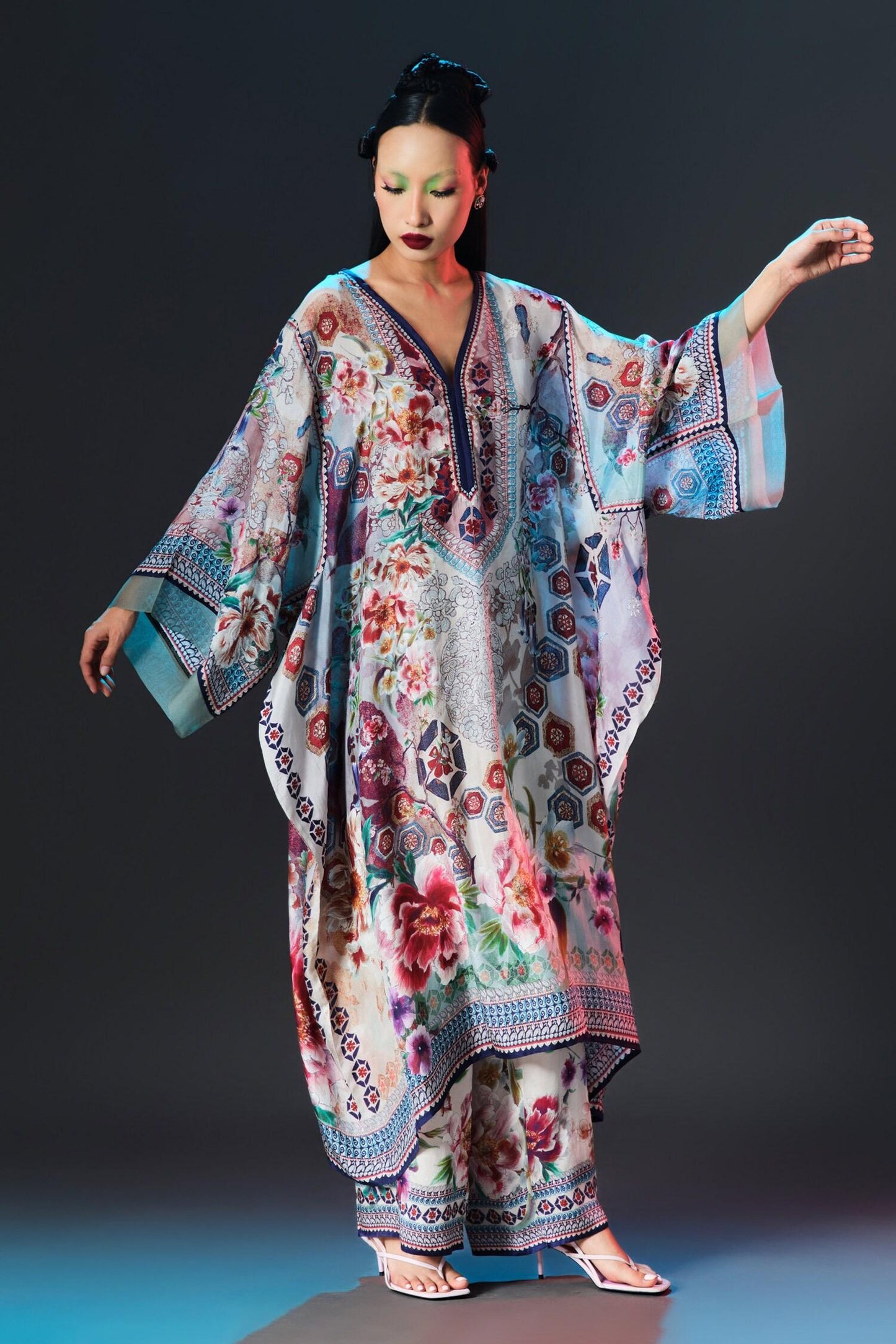 Beige Silk V-neck Olivia Floral Print - Designer Kurta Set