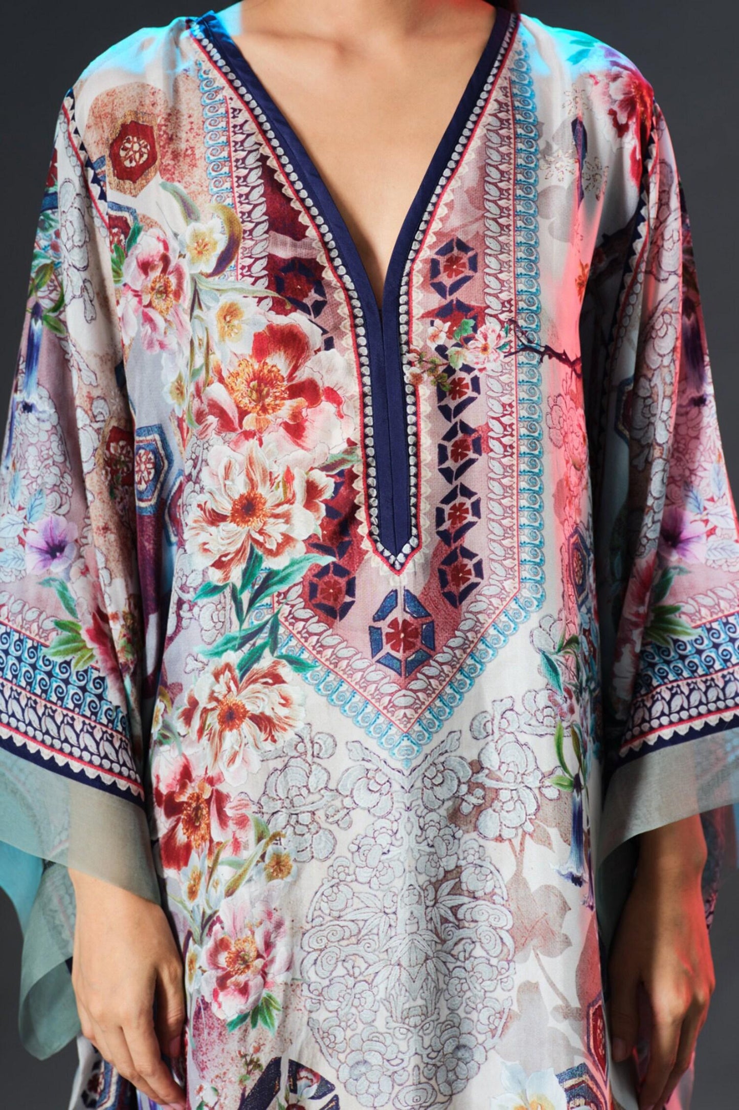 Beige Silk V-neck Olivia Floral Print - Designer Kurta Set
