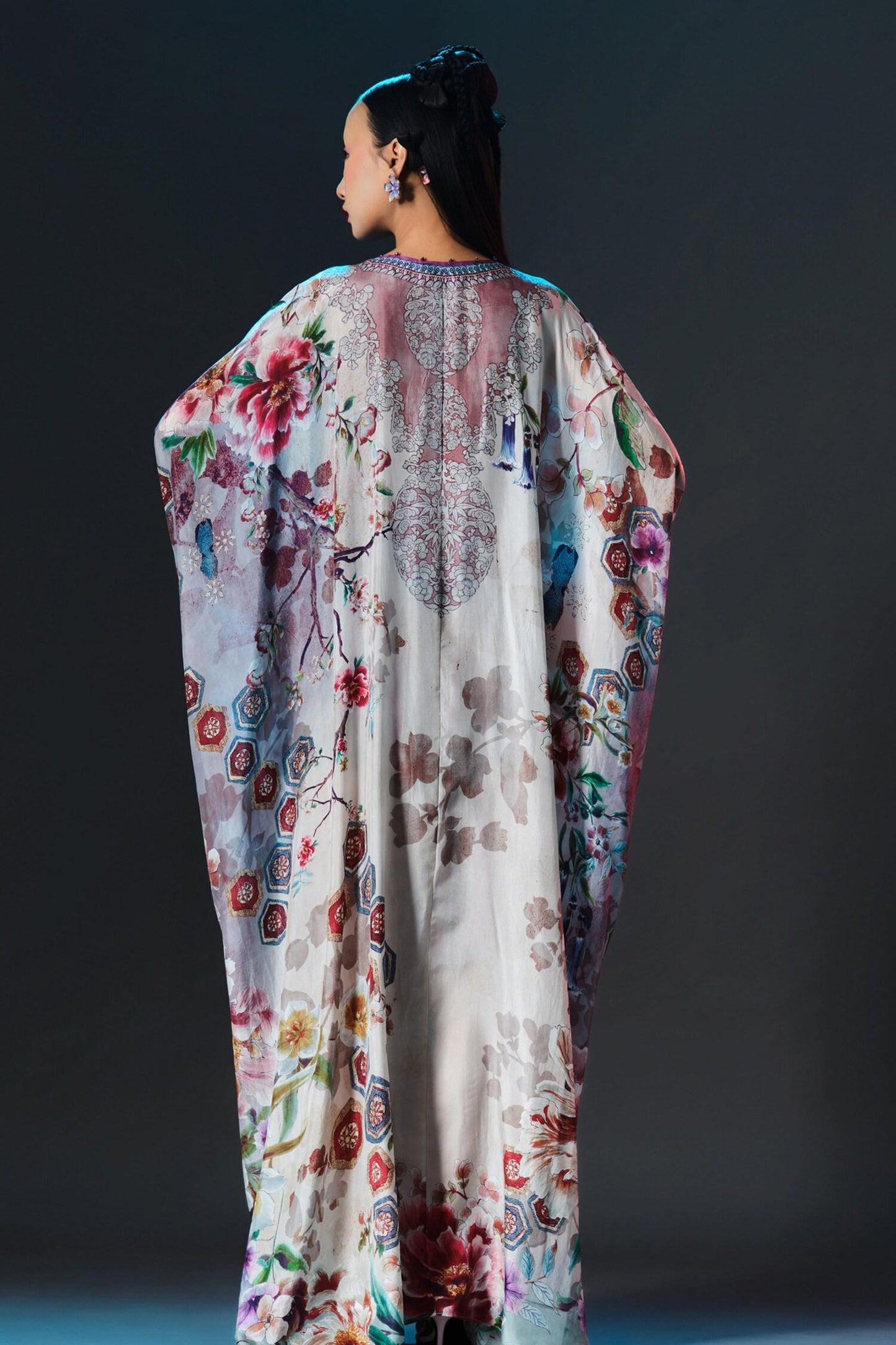 Beige Silk V-neck Printed Imama Kaftan - Designer Kurta Set