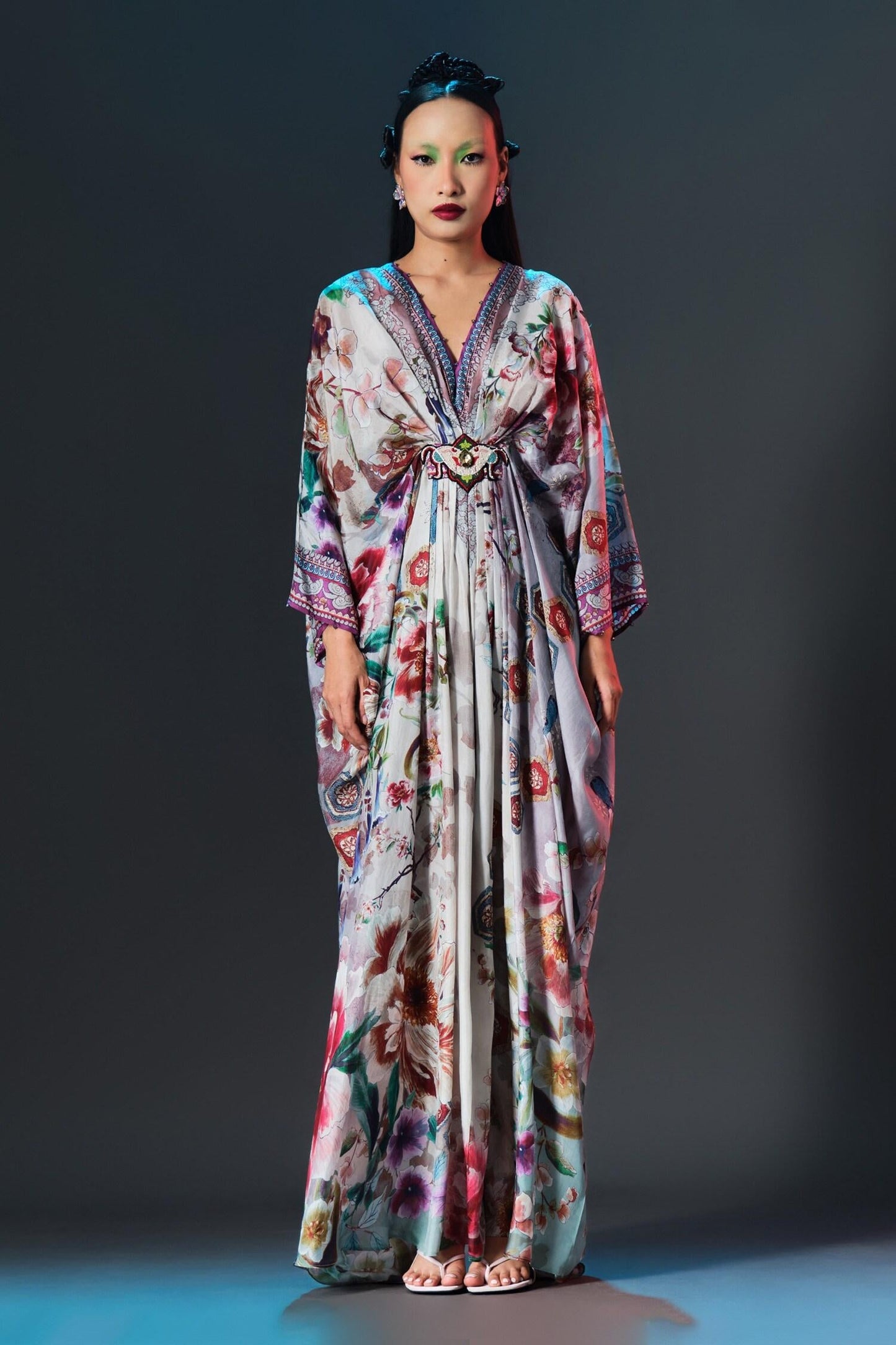 Beige Silk V-neck Printed Imama Kaftan - Designer Kurta Set