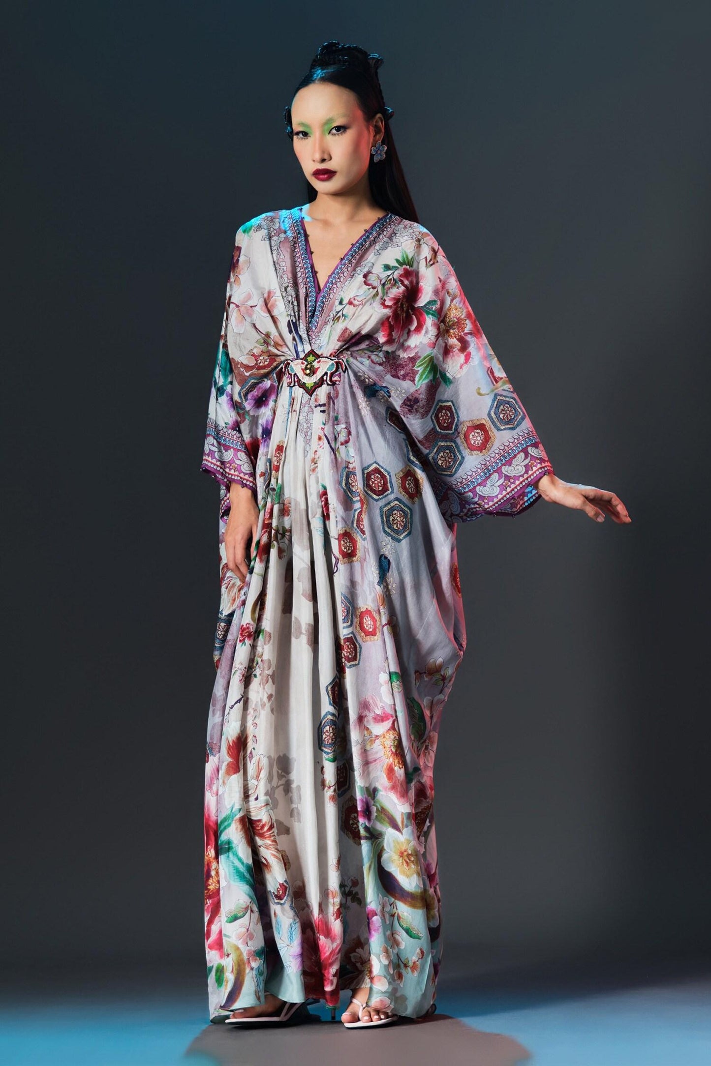 Beige Silk V-neck Printed Imama Kaftan - Designer Kurta Set