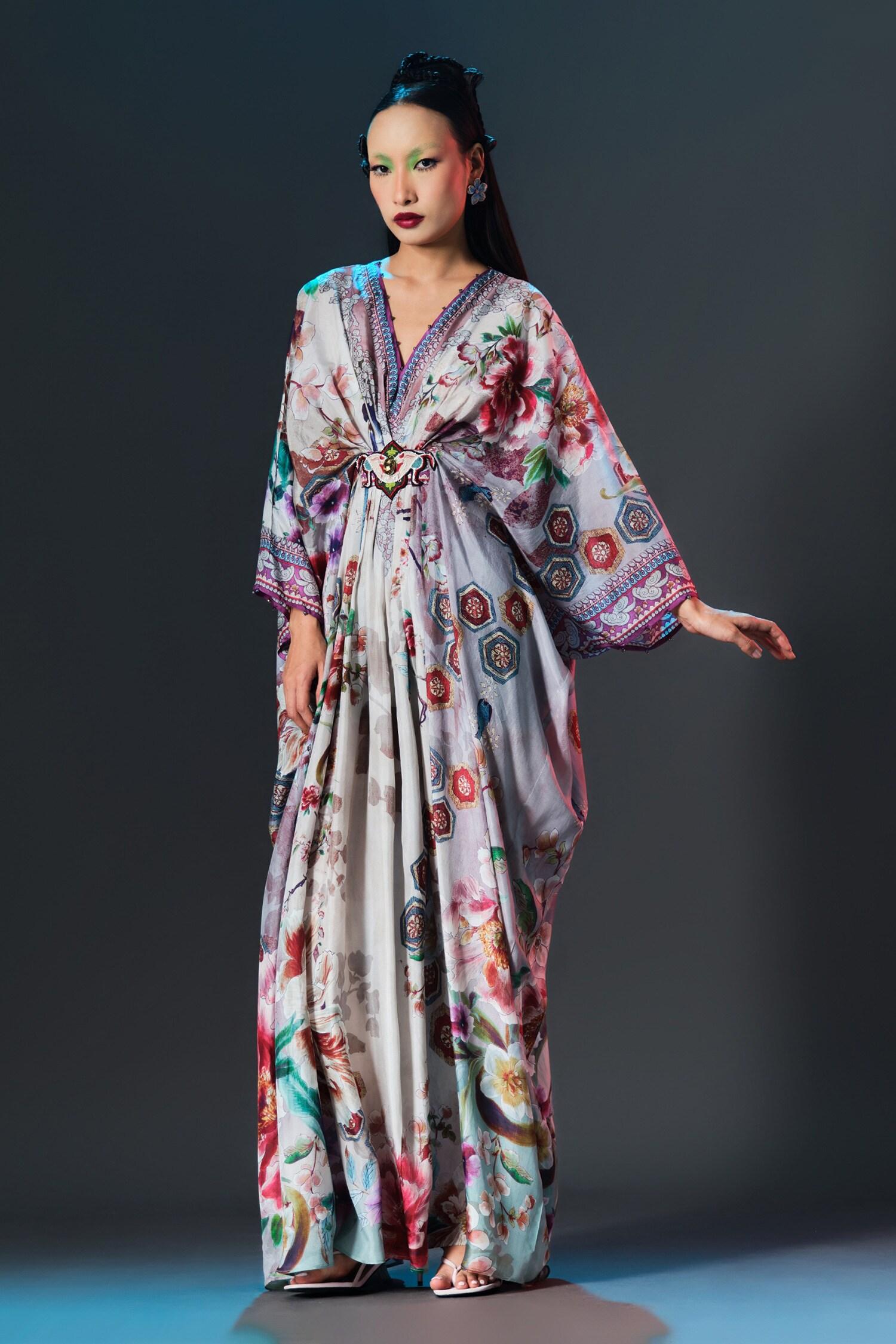 Beige Silk V-neck Printed Imama Kaftan - Designer Kurta Set