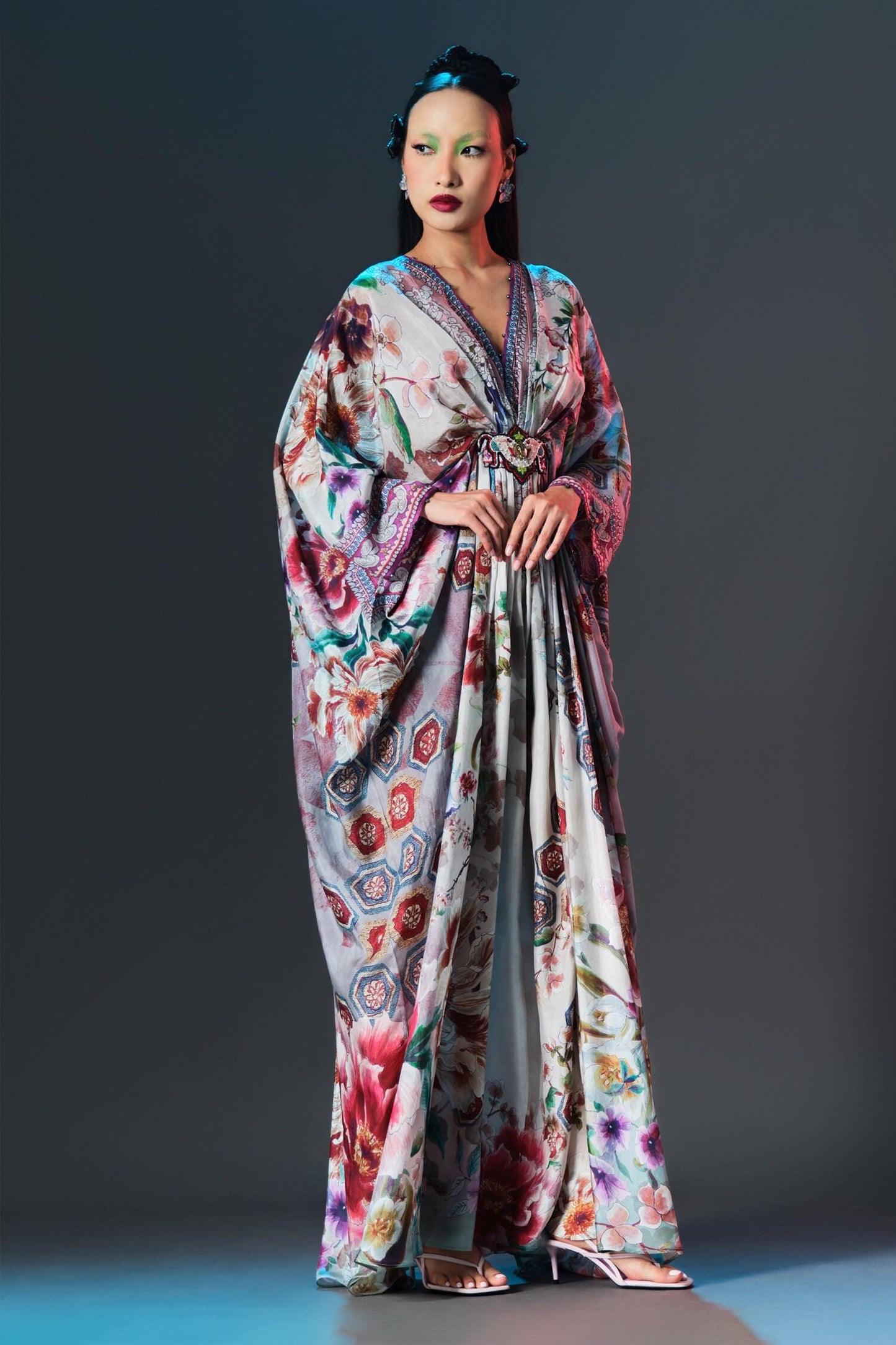 Beige Silk V-neck Printed Imama Kaftan - Designer Kurta Set