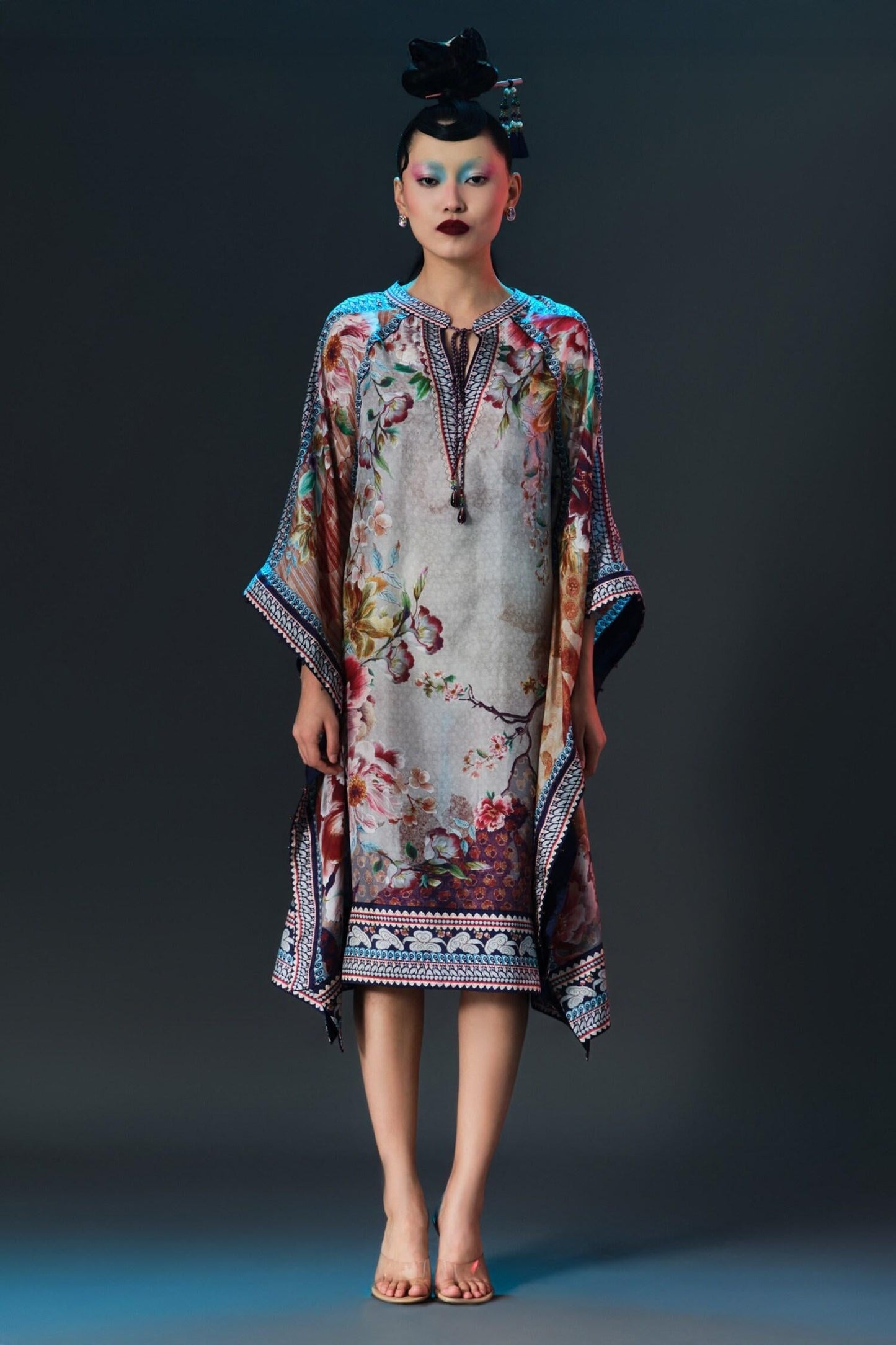 Beige Silk V-neck Ramona Floral Printed - Designer Kurta Set