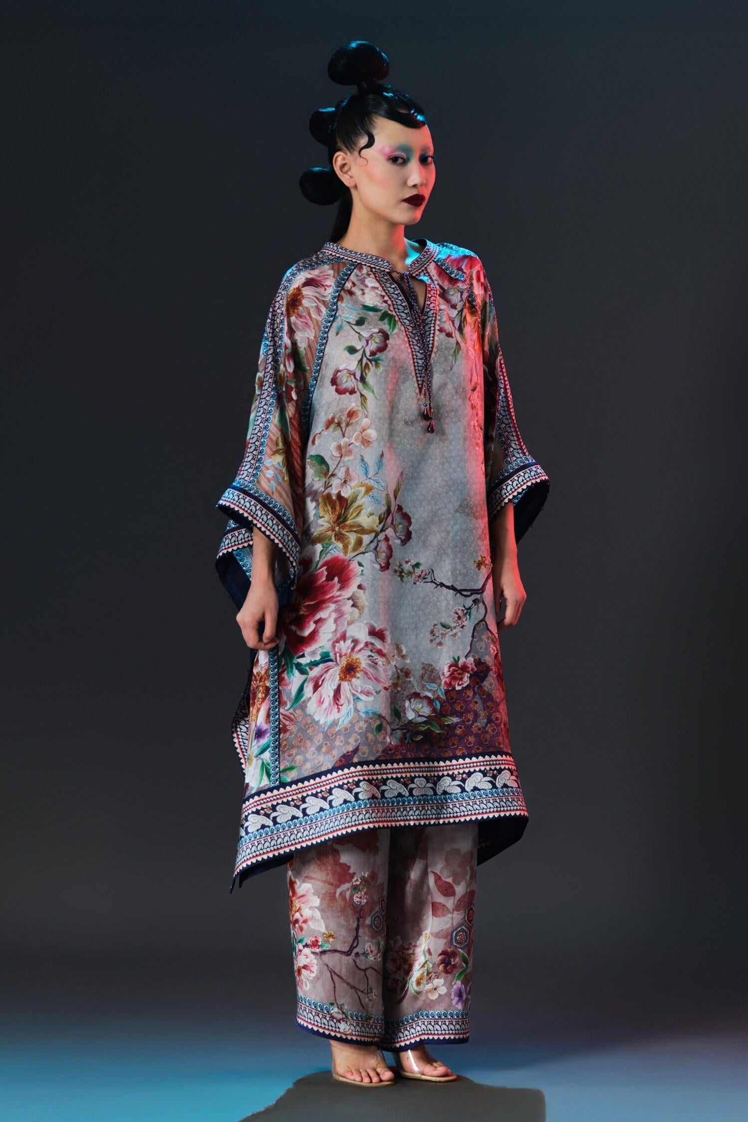 Beige Silk V-neck Ramona Floral Printed - Designer Kurta Set