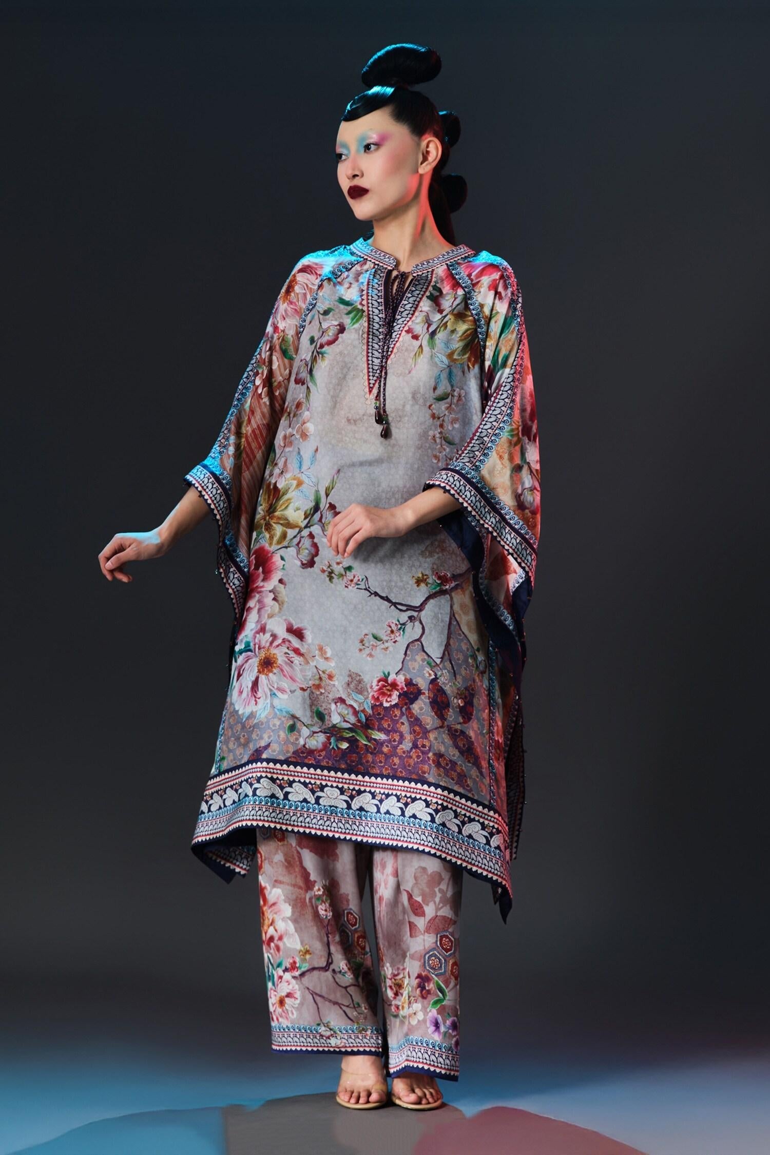 Beige Silk V-neck Ramona Floral Printed - Designer Kurta Set