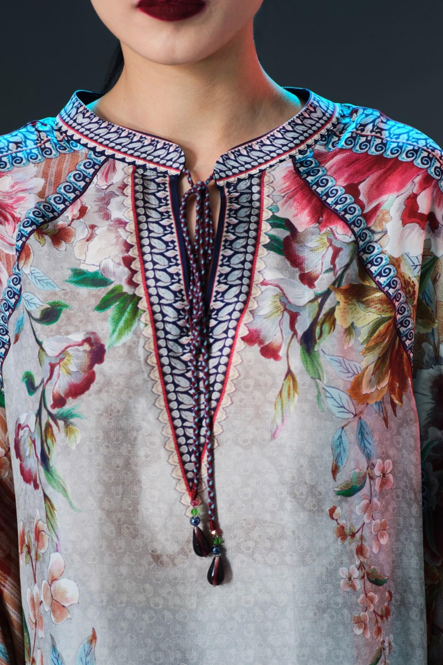 Beige Silk V-neck Ramona Floral Printed - Designer Kurta Set