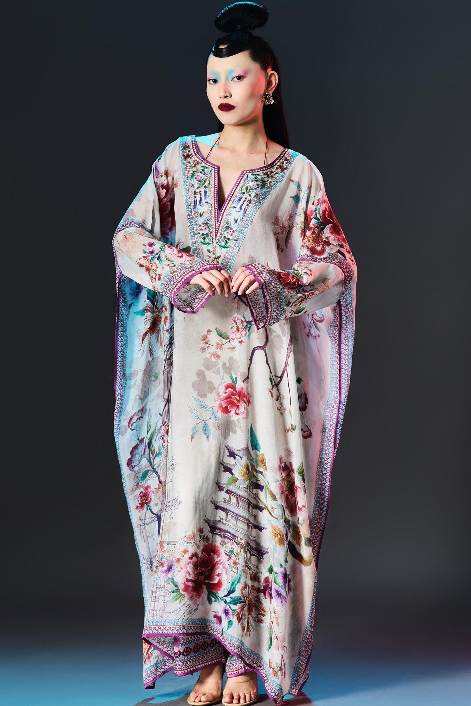 Beige Silk V-neck Vienna Floral Printed - Designer Kurta Set