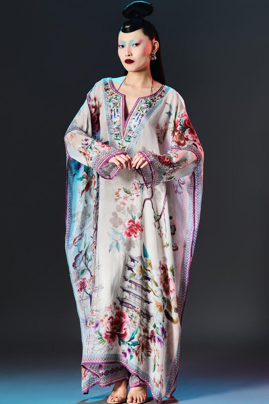 Beige Silk V-neck Vienna Floral Printed - Designer Kurta Set