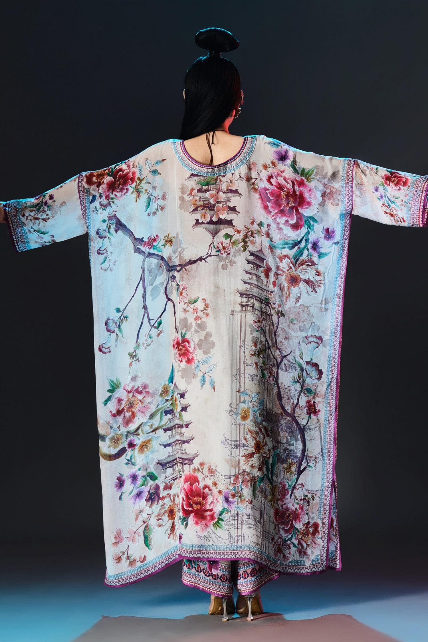 Beige Silk V-neck Vienna Floral Printed - Designer Kurta Set