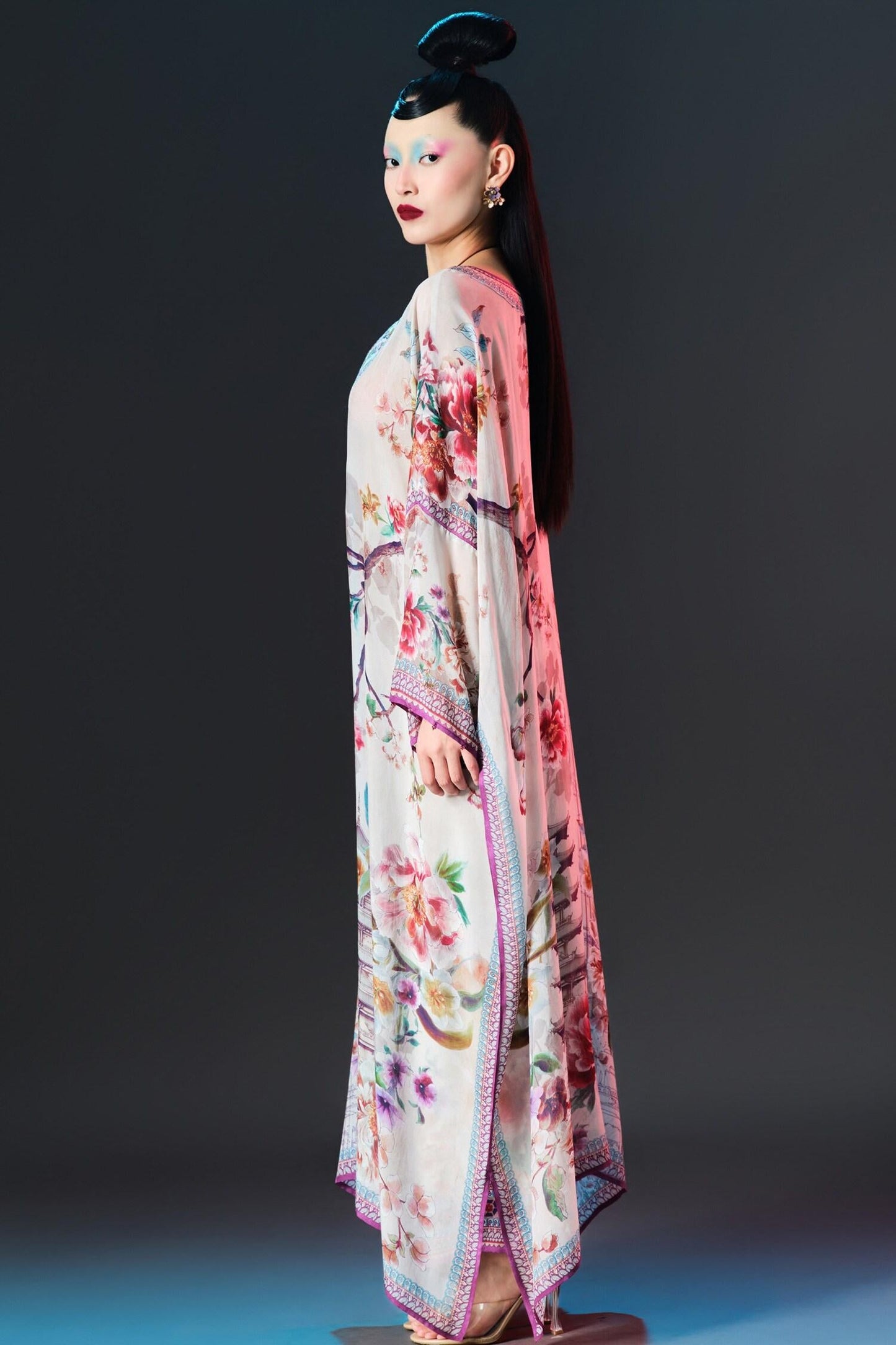 Beige Silk V-neck Vienna Floral Printed - Designer Kurta Set