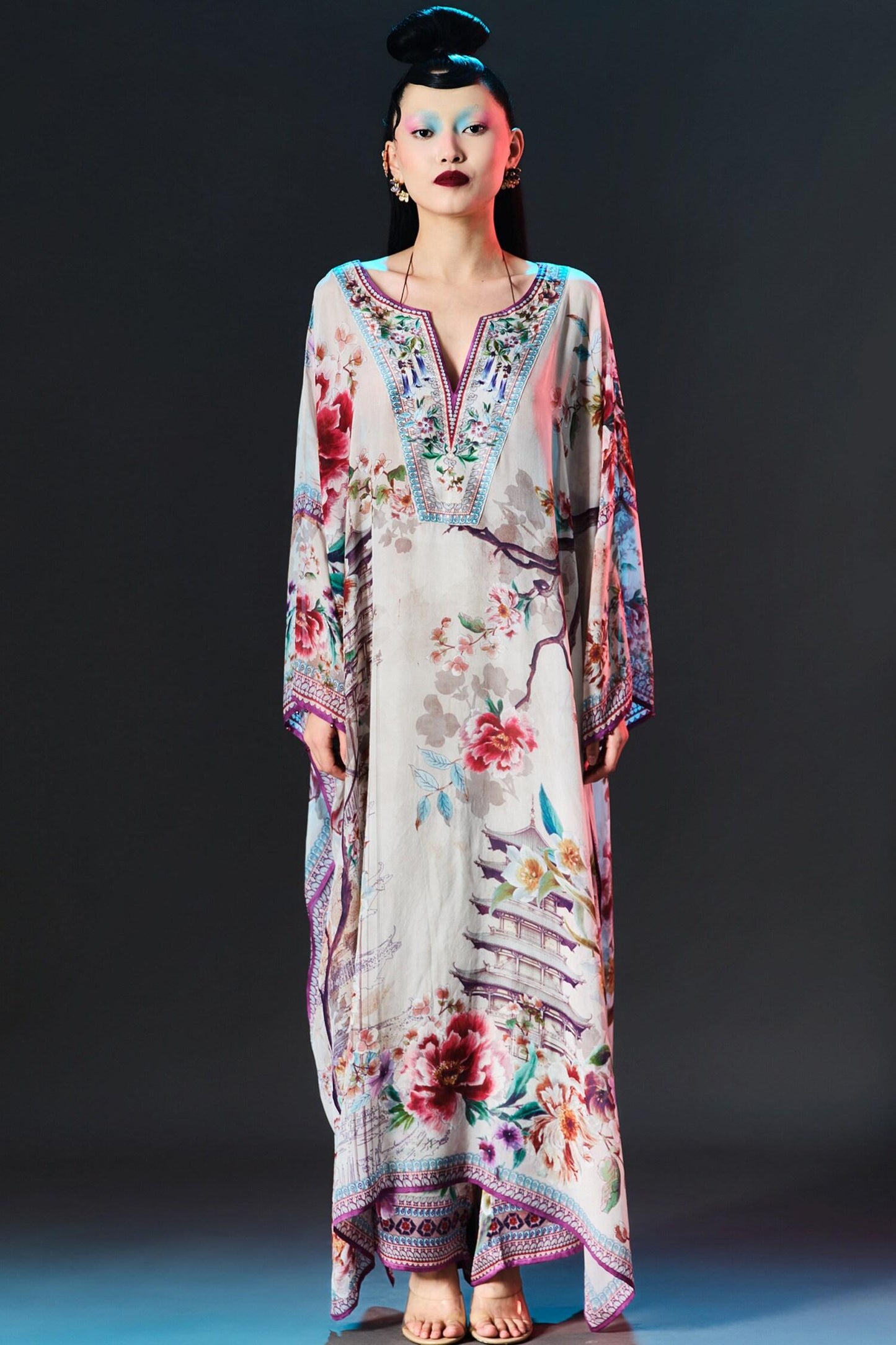 Beige Silk V-neck Vienna Floral Printed - Designer Kurta Set