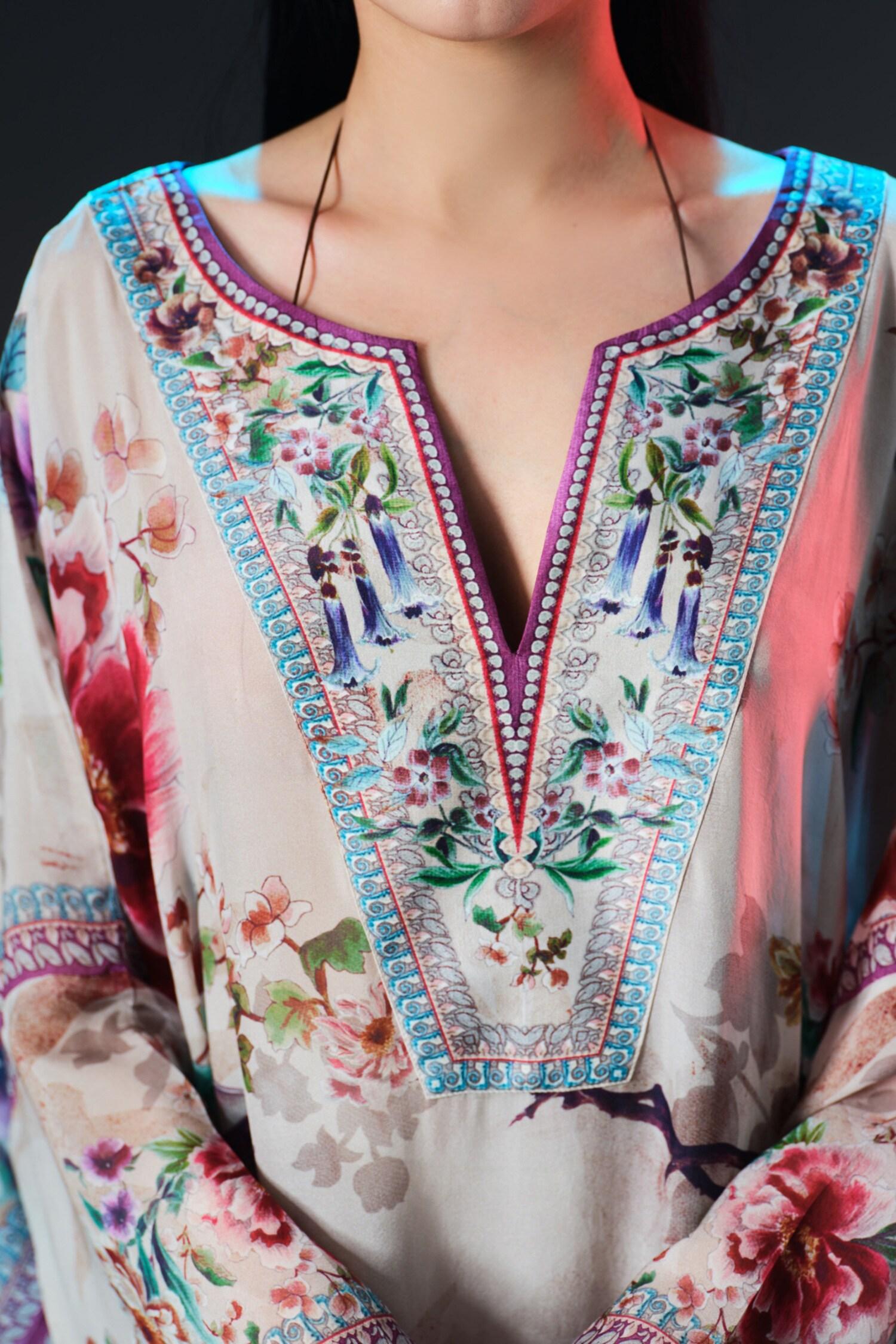 Beige Silk V-neck Vienna Floral Printed - Designer Kurta Set