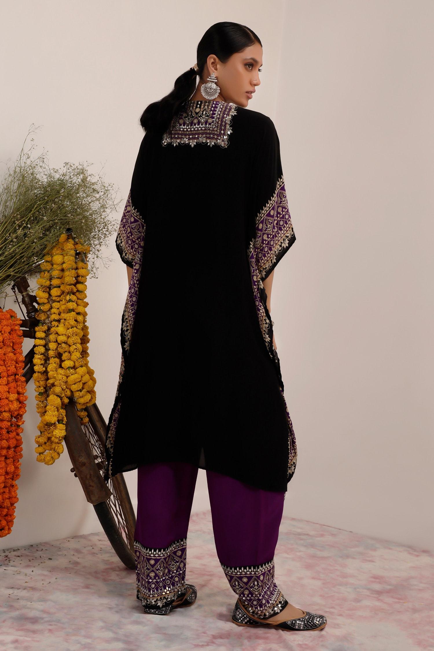 Black Crepe Mirrors Collared And Purple Flora Kaftan Set - Designer Kurta Set