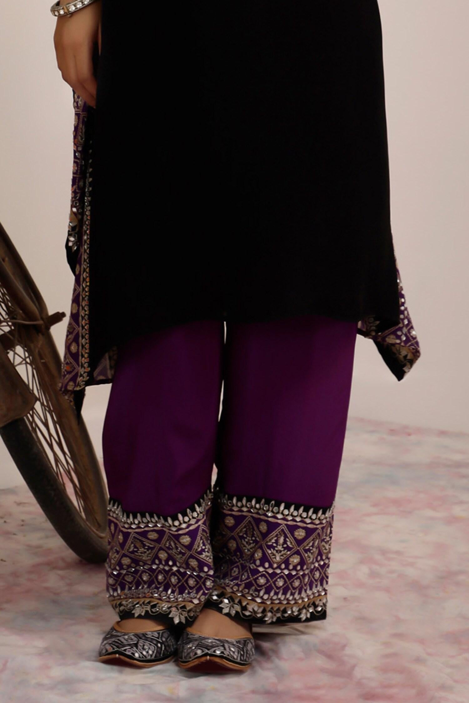 Black Crepe Mirrors Collared And Purple Flora Kaftan Set - Designer Kurta Set