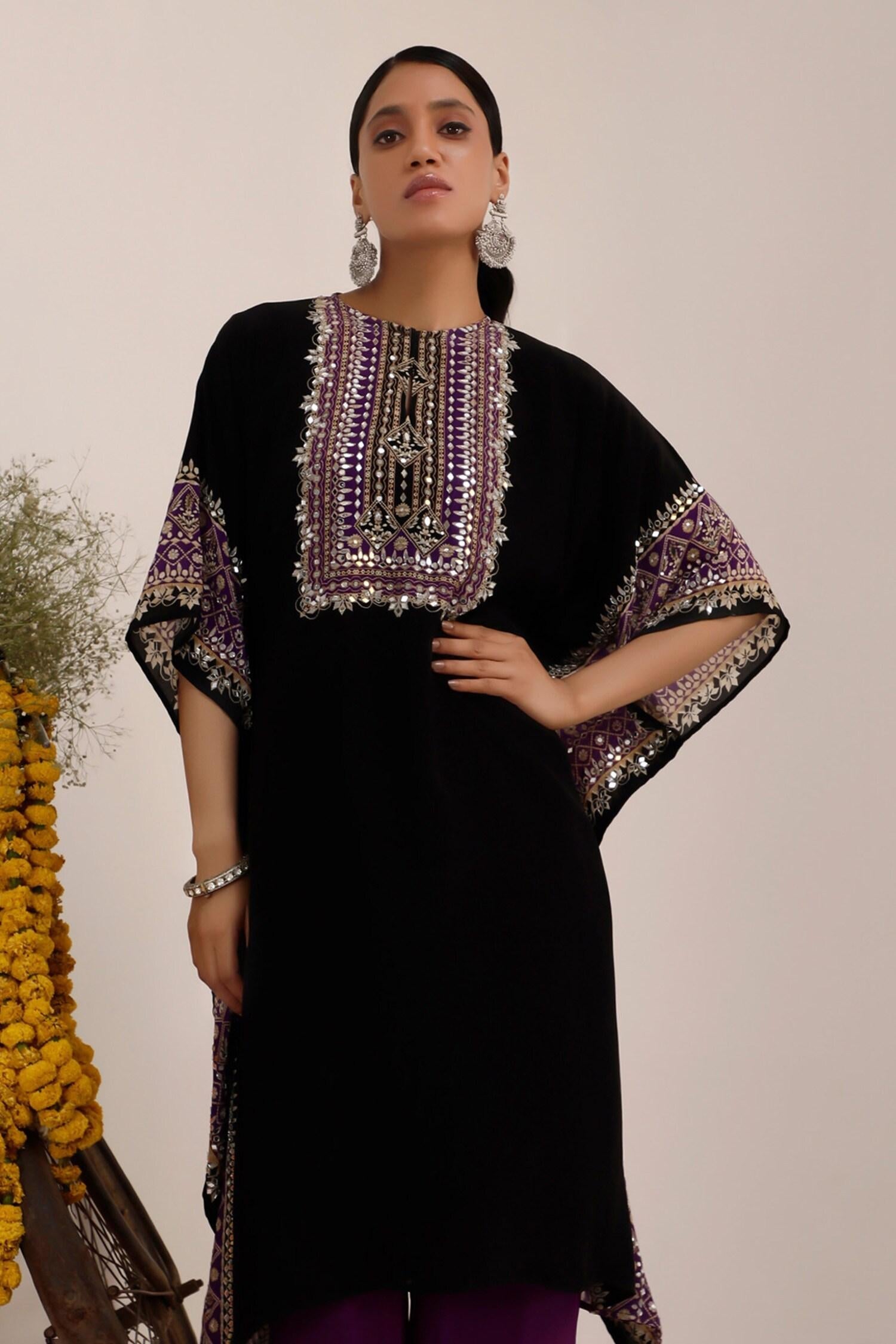 Black Crepe Mirrors Collared And Purple Flora Kaftan Set - Designer Kurta Set