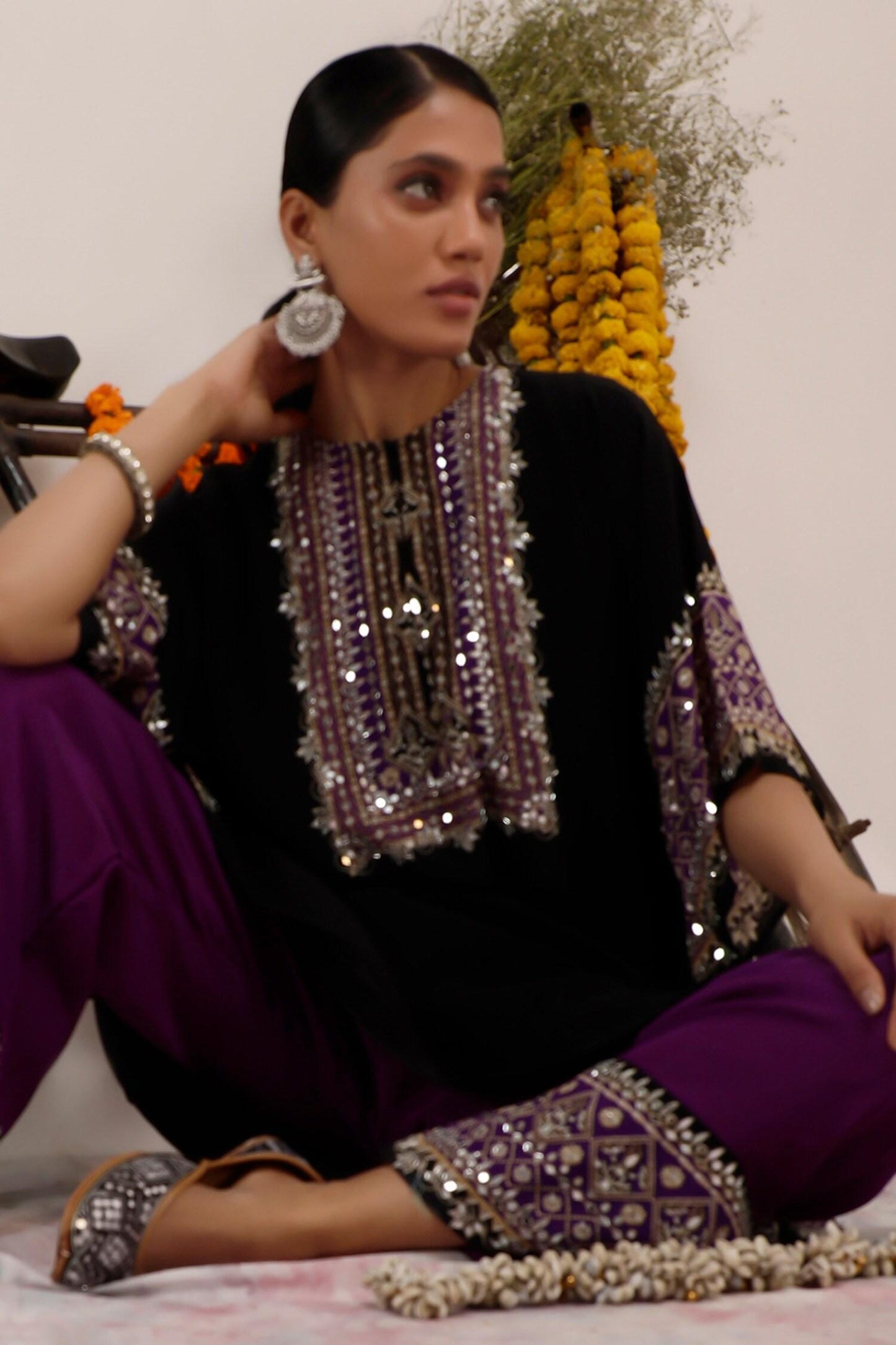 Black Crepe Mirrors Collared And Purple Flora Kaftan Set - Designer Kurta Set