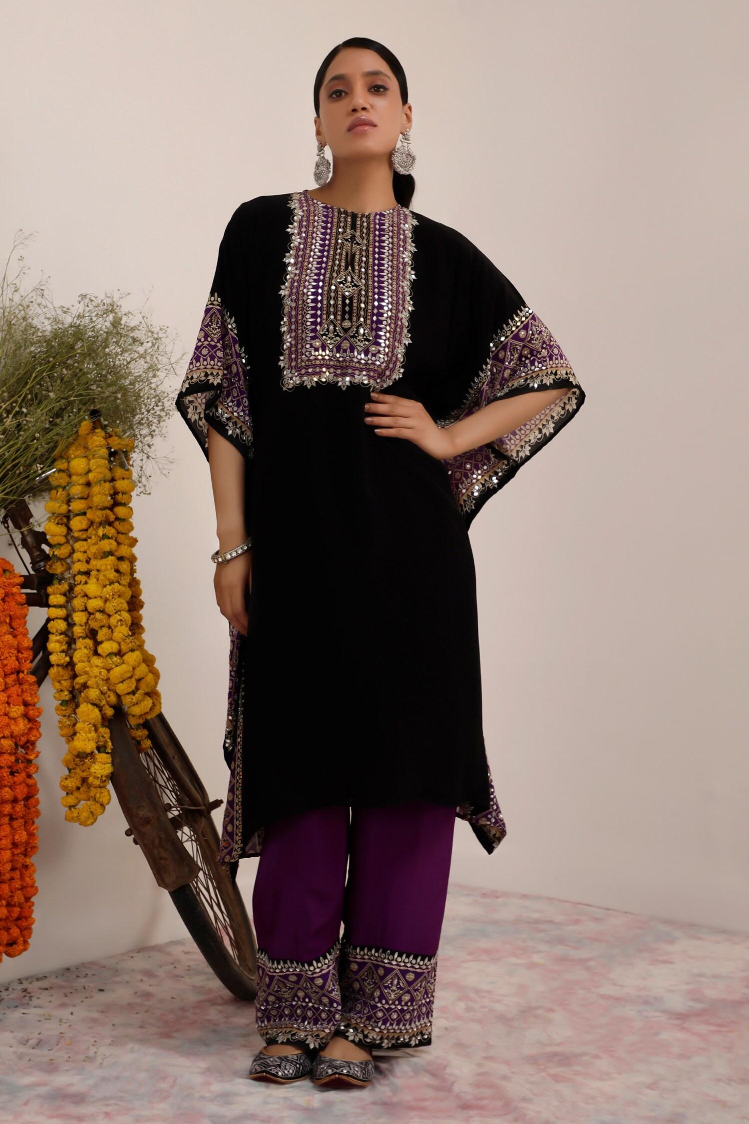 Black Crepe Mirrors Collared And Purple Flora Kaftan Set - Designer Kurta Set