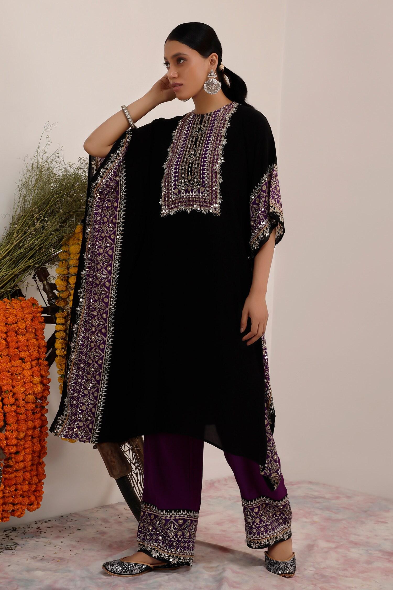 Black Crepe Mirrors Collared And Purple Flora Kaftan Set - Designer Kurta Set