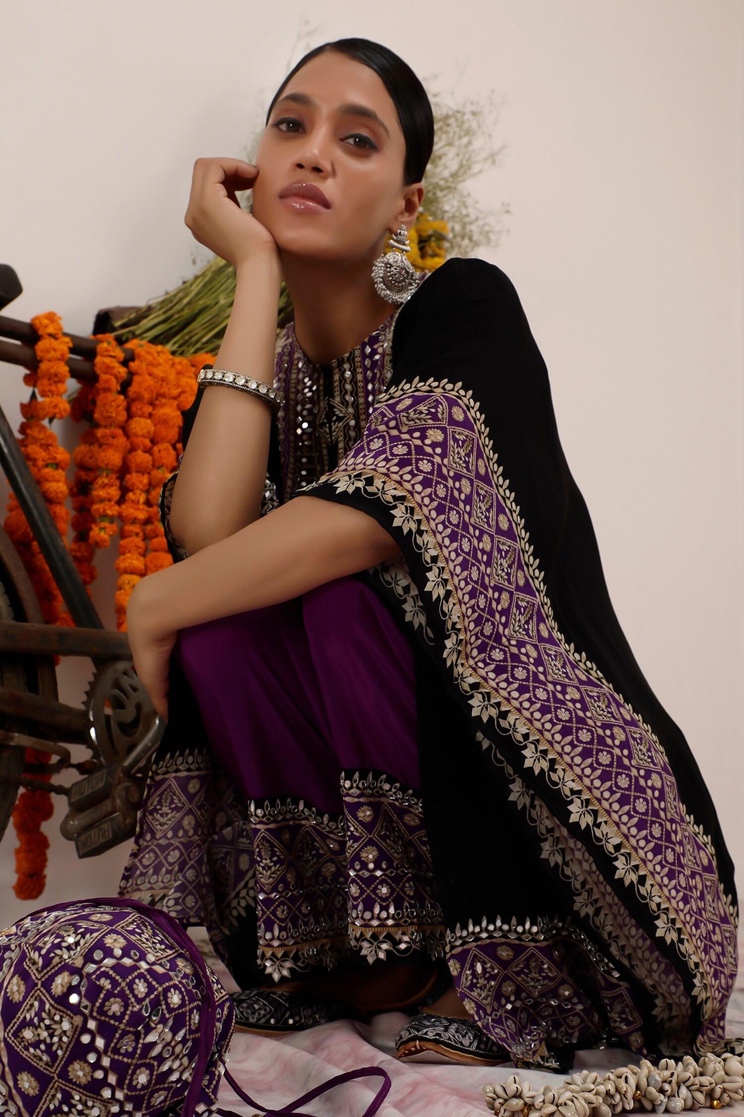 Black Crepe Mirrors Collared And Purple Flora Kaftan Set - Designer Kurta Set