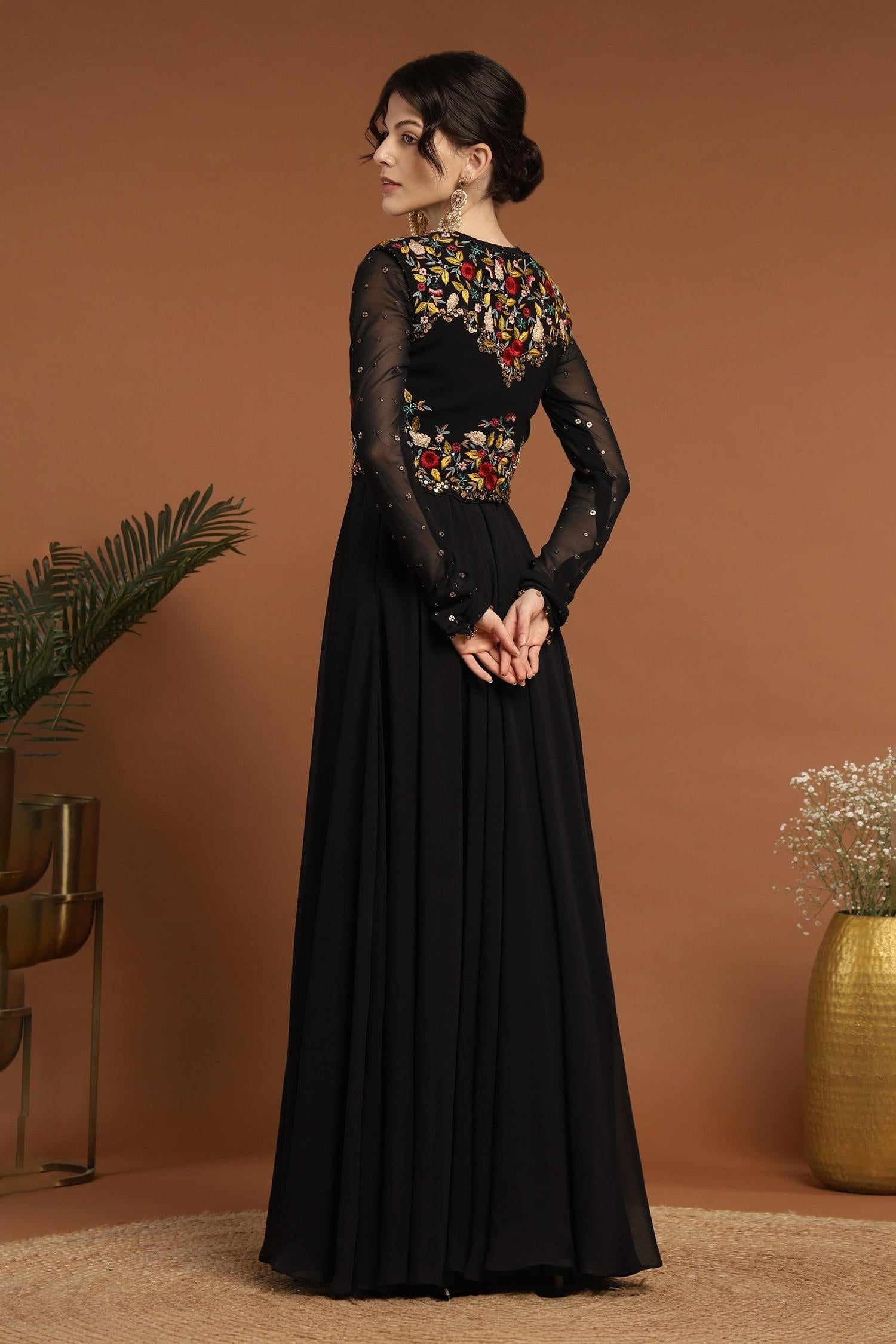 Black Georgette Embroidery, Sequins Floral Thread Jacket With Work Anarkali - Designer Kurta Set