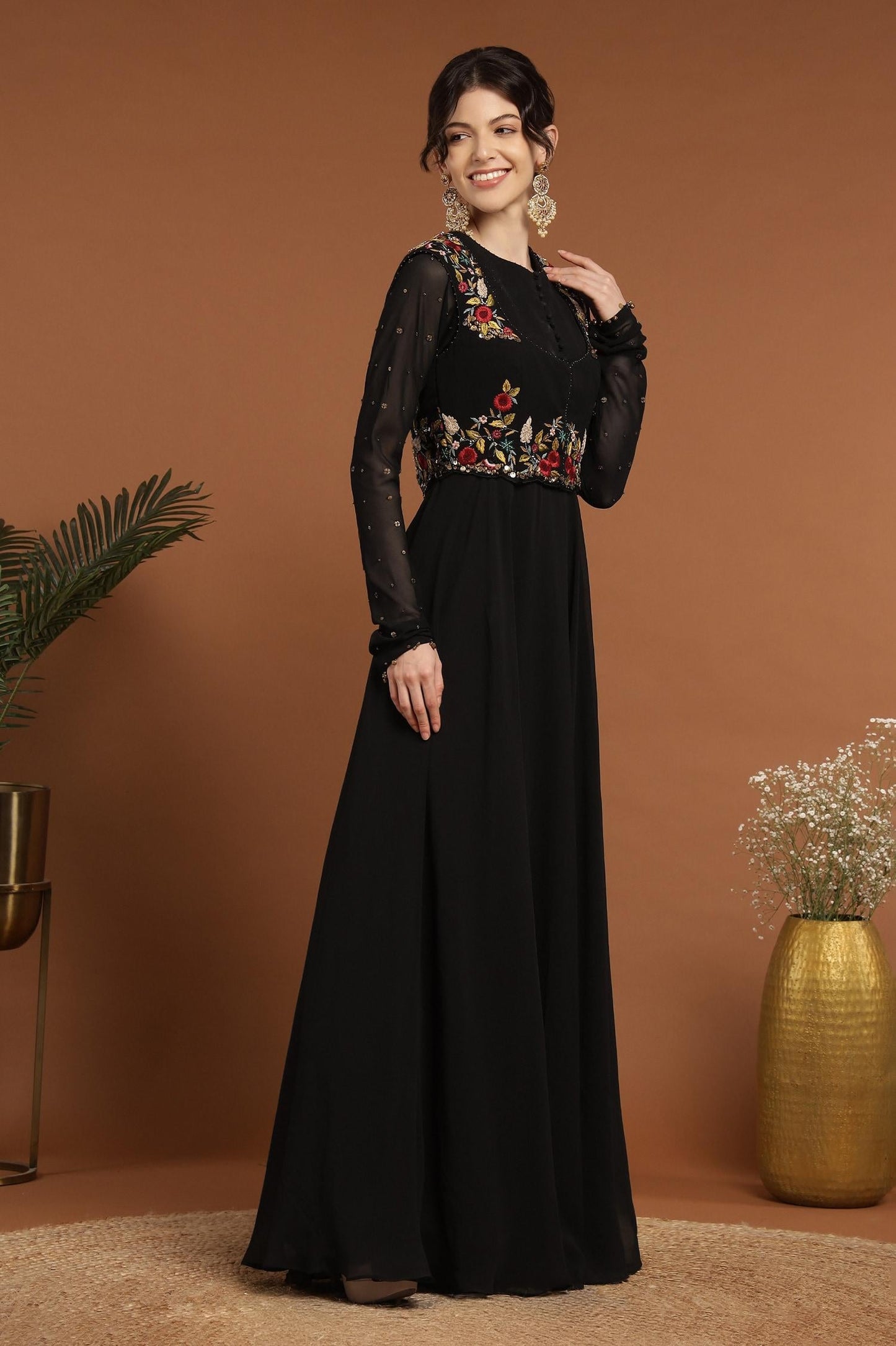 Black Georgette Embroidery, Sequins Floral Thread Jacket With Work Anarkali - Designer Kurta Set