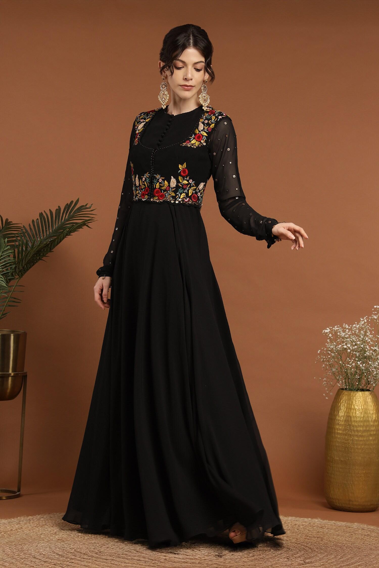 Black Georgette Embroidery, Sequins Floral Thread Jacket With Work Anarkali - Designer Kurta Set