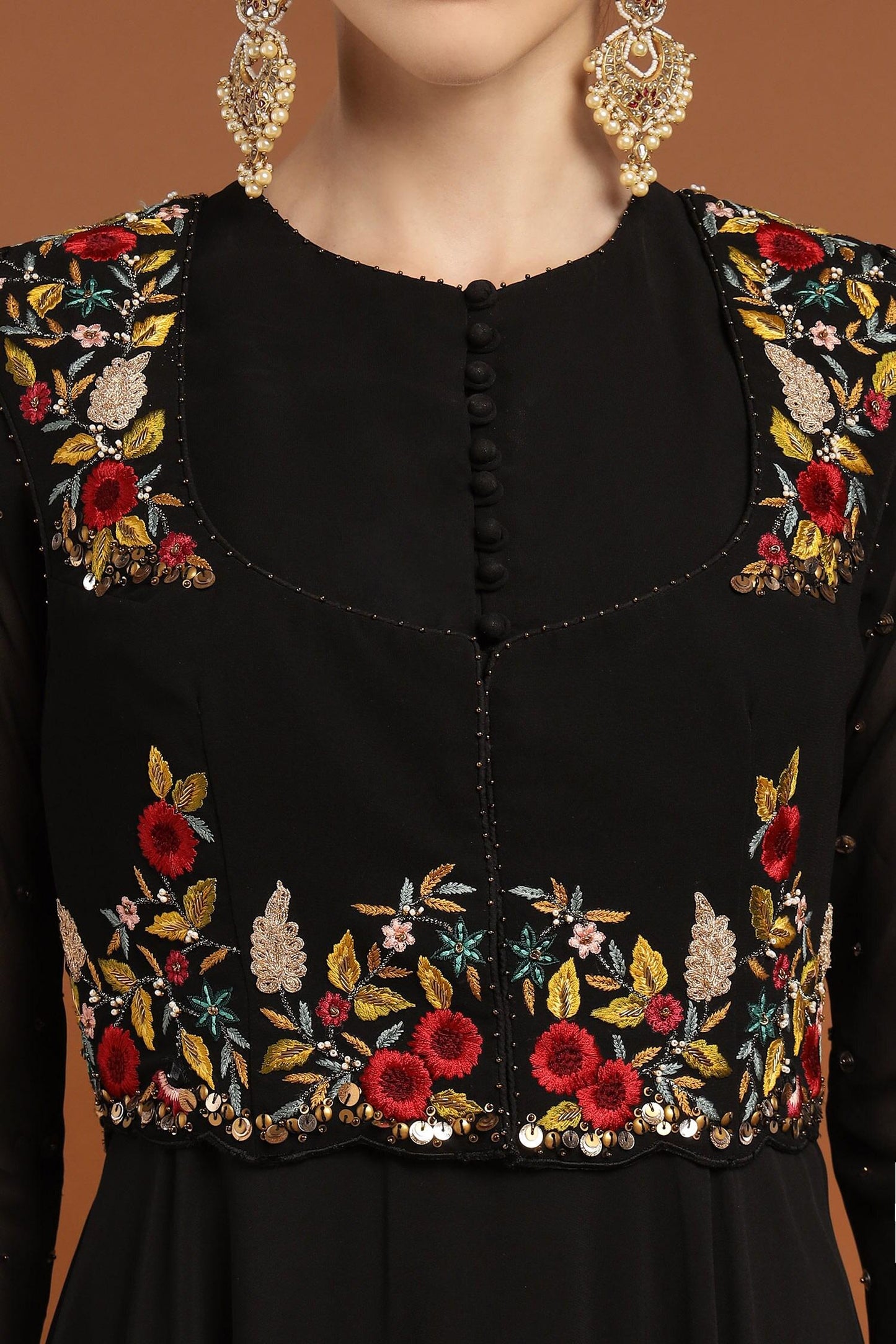 Black Georgette Embroidery, Sequins Floral Thread Jacket With Work Anarkali - Designer Kurta Set
