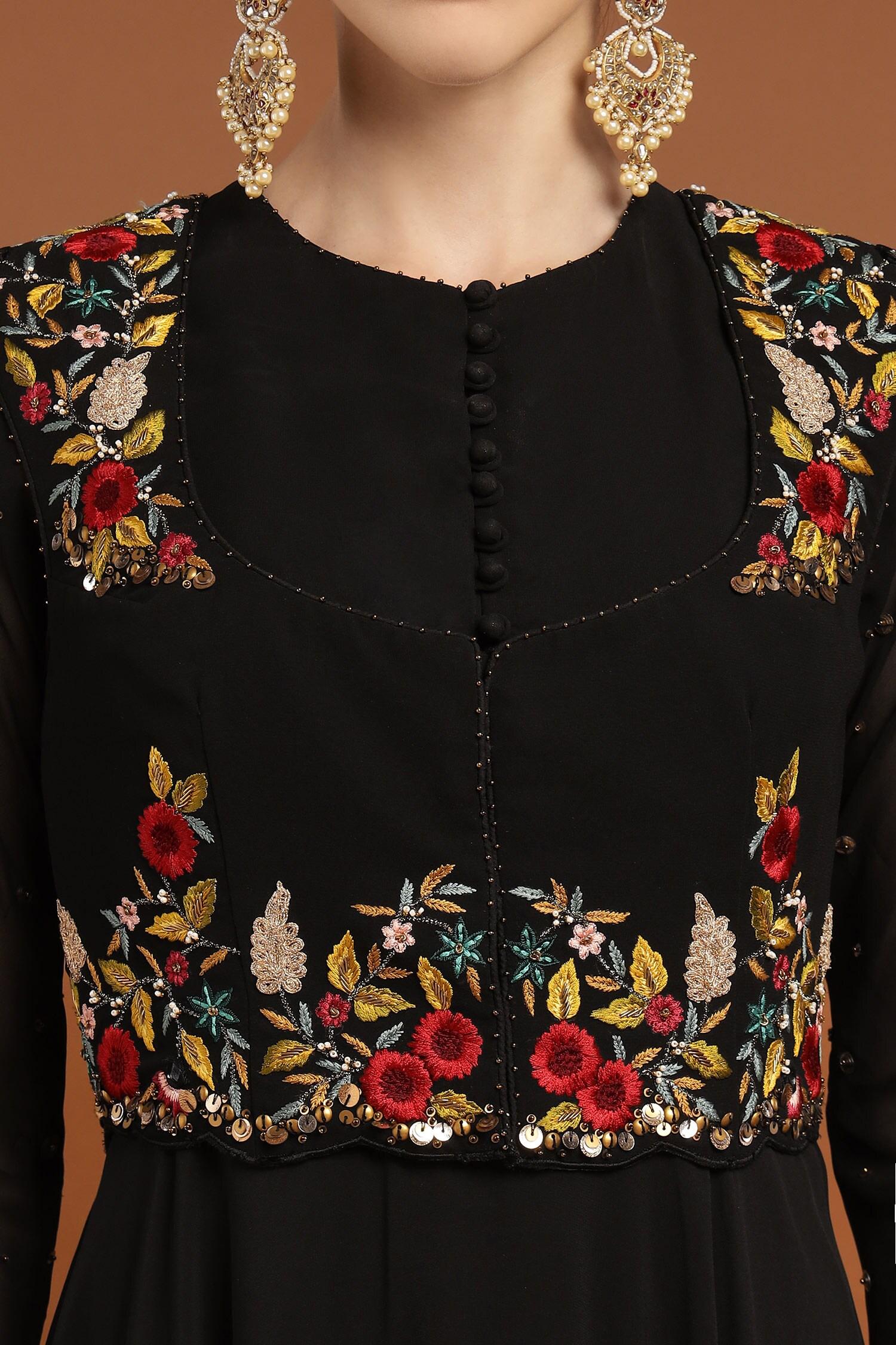 Black Georgette Embroidery, Sequins Floral Thread Jacket With Work Anarkali - Designer Kurta Set