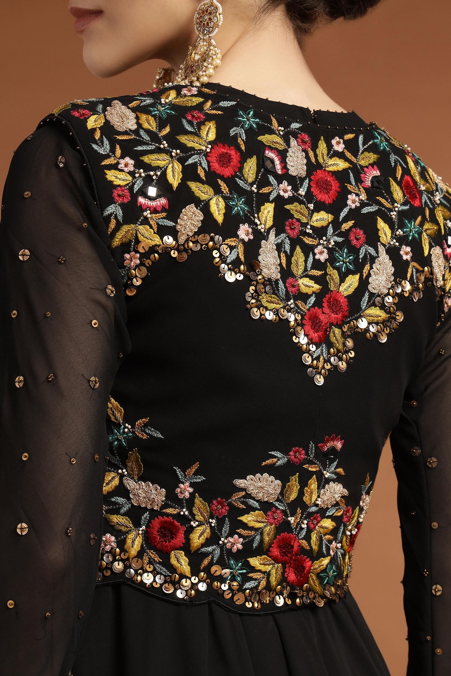 Black Georgette Embroidery, Sequins Floral Thread Jacket With Work Anarkali - Designer Kurta Set