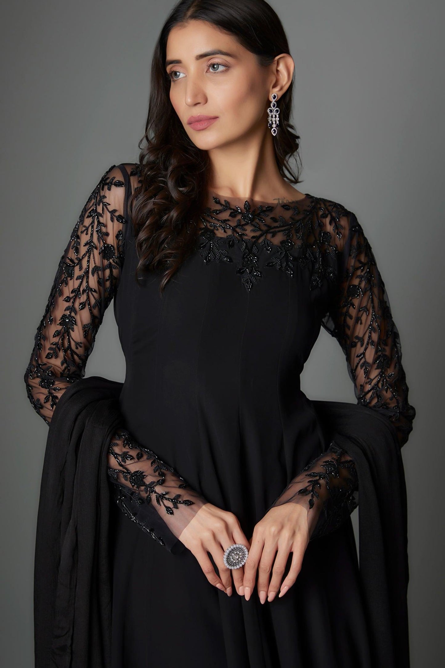 Black Georgette, Lycra Embroidery Round Neck Anarkali Set - Designer Kurta Set