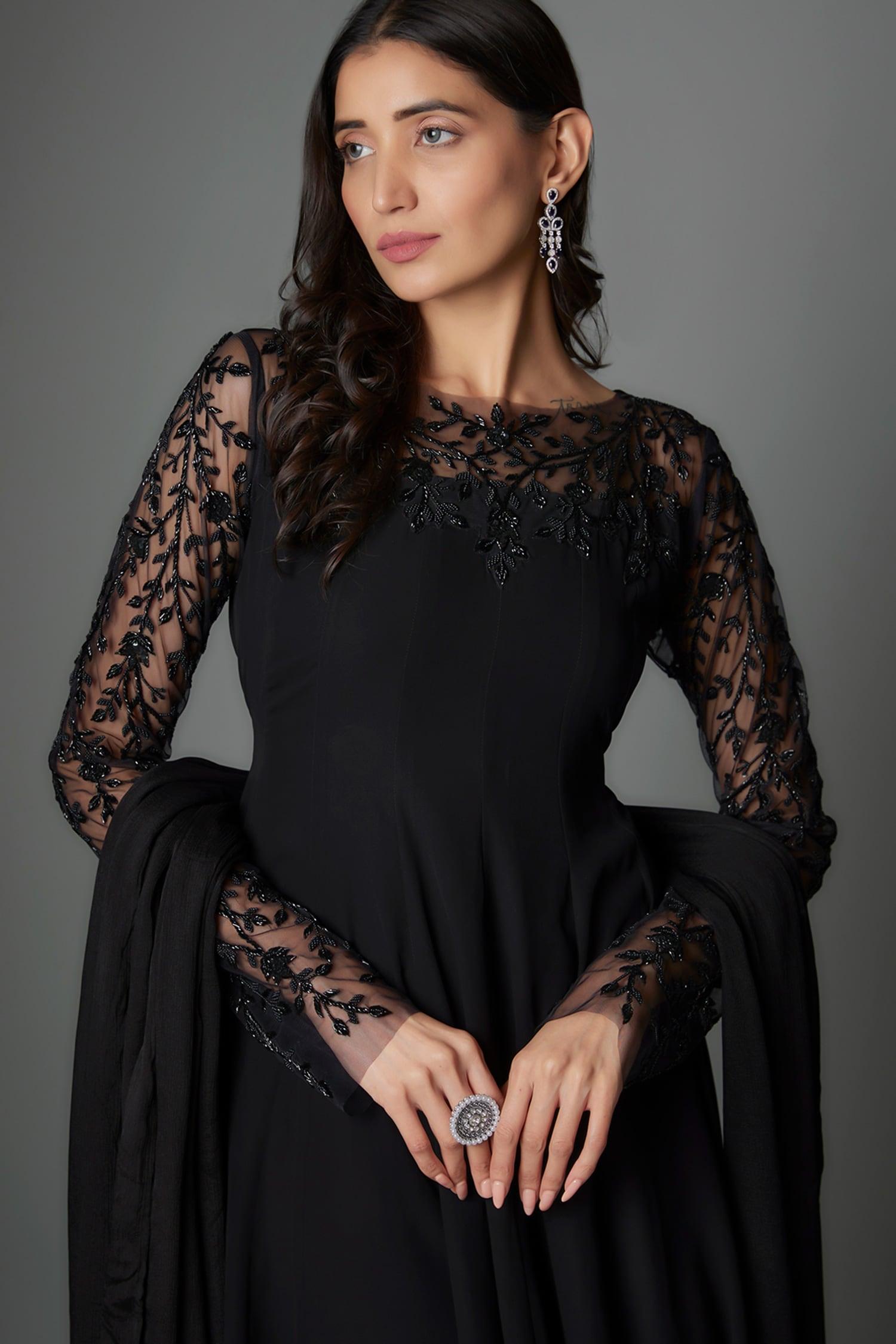 Black Georgette, Lycra Embroidery Round Neck Anarkali Set - Designer Kurta Set