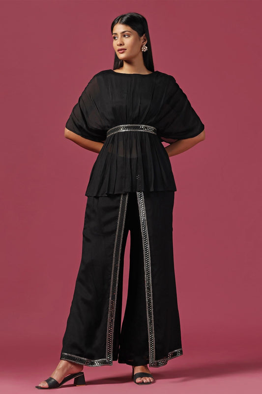 Black Georgette Mirrors, Sequins Boat Waistband Embroidered Kaftan And Pant Set - Designer Kurta Set
