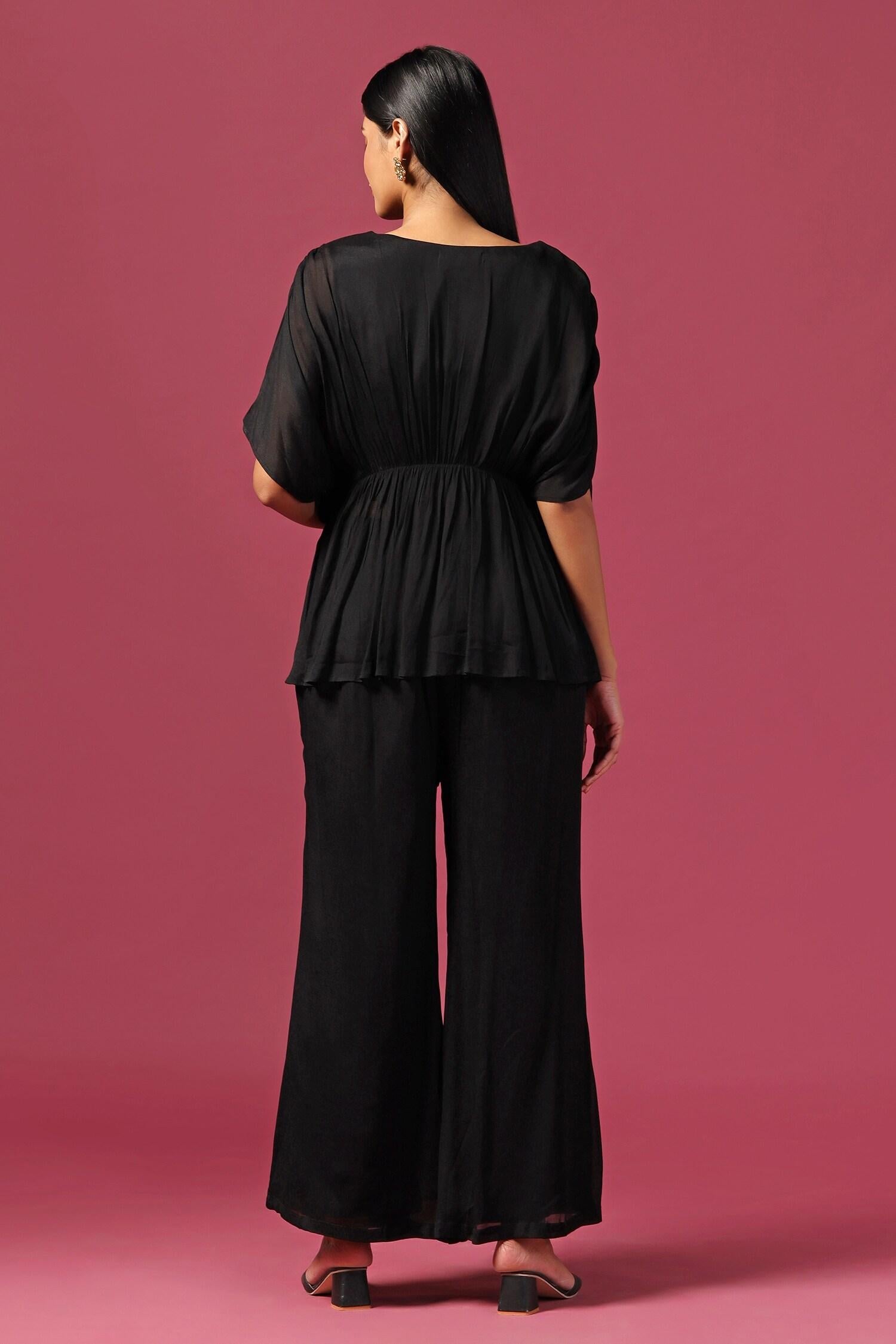 Black Georgette Mirrors, Sequins Boat Waistband Embroidered Kaftan And Pant Set - Designer Kurta Set